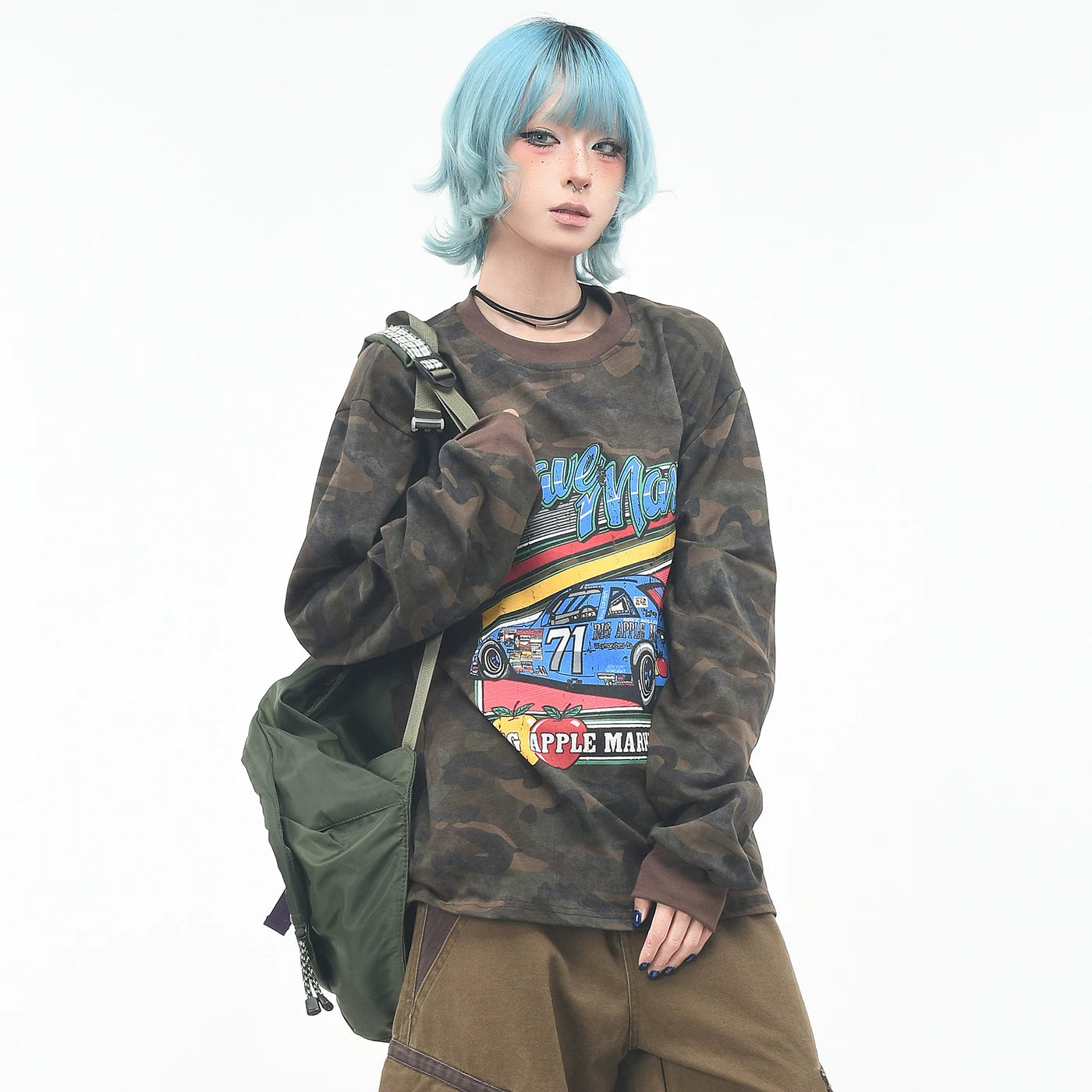 OV Original/American Trendy Brand Racing Printed Camouflage Long sleeved T-shirt for Men and Women in Autumn Loose Hip Hop Color Contrasting Top Trendy