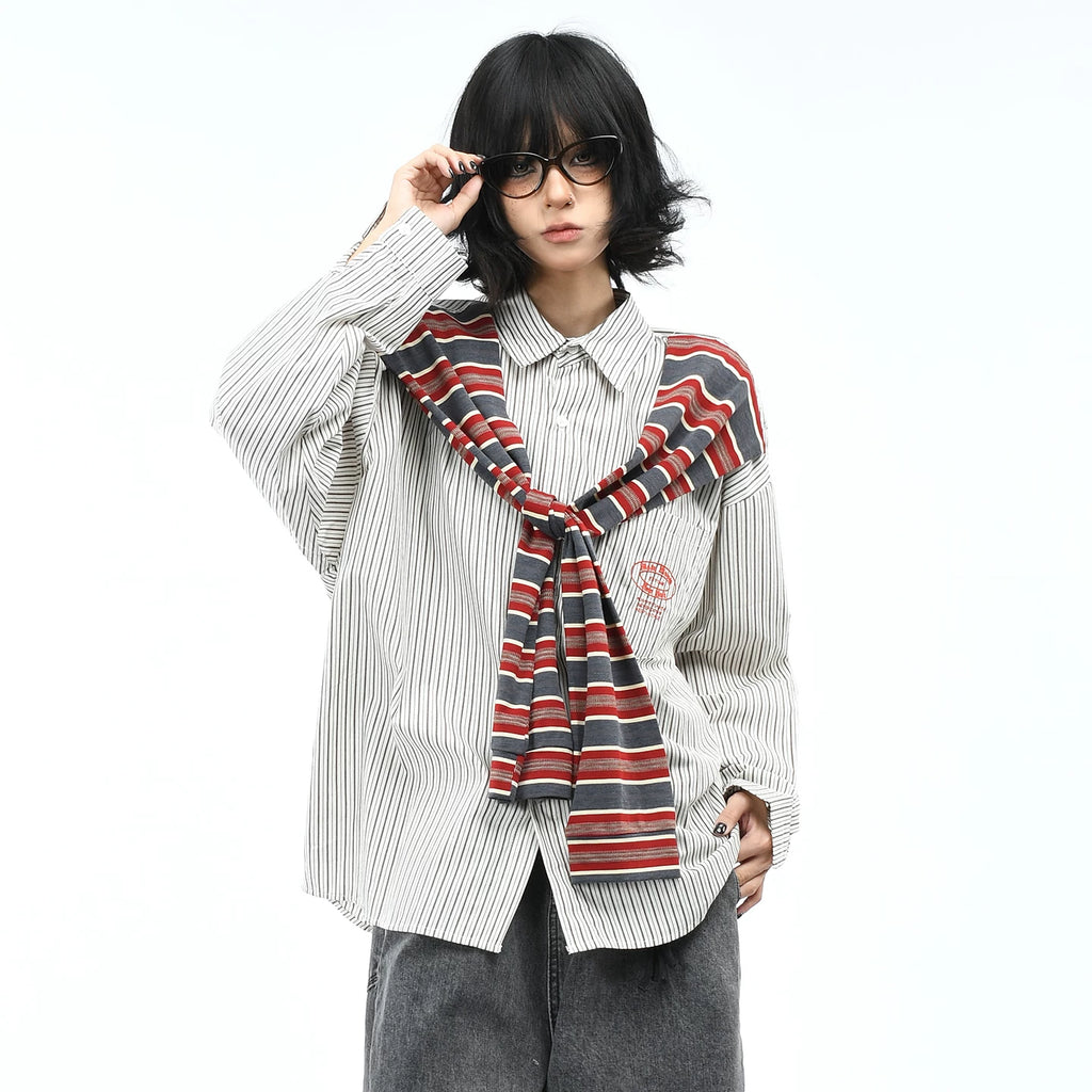 OV original American retro striped shawl design long sleeved shirt for men and women autumn street loose casual shirt trend