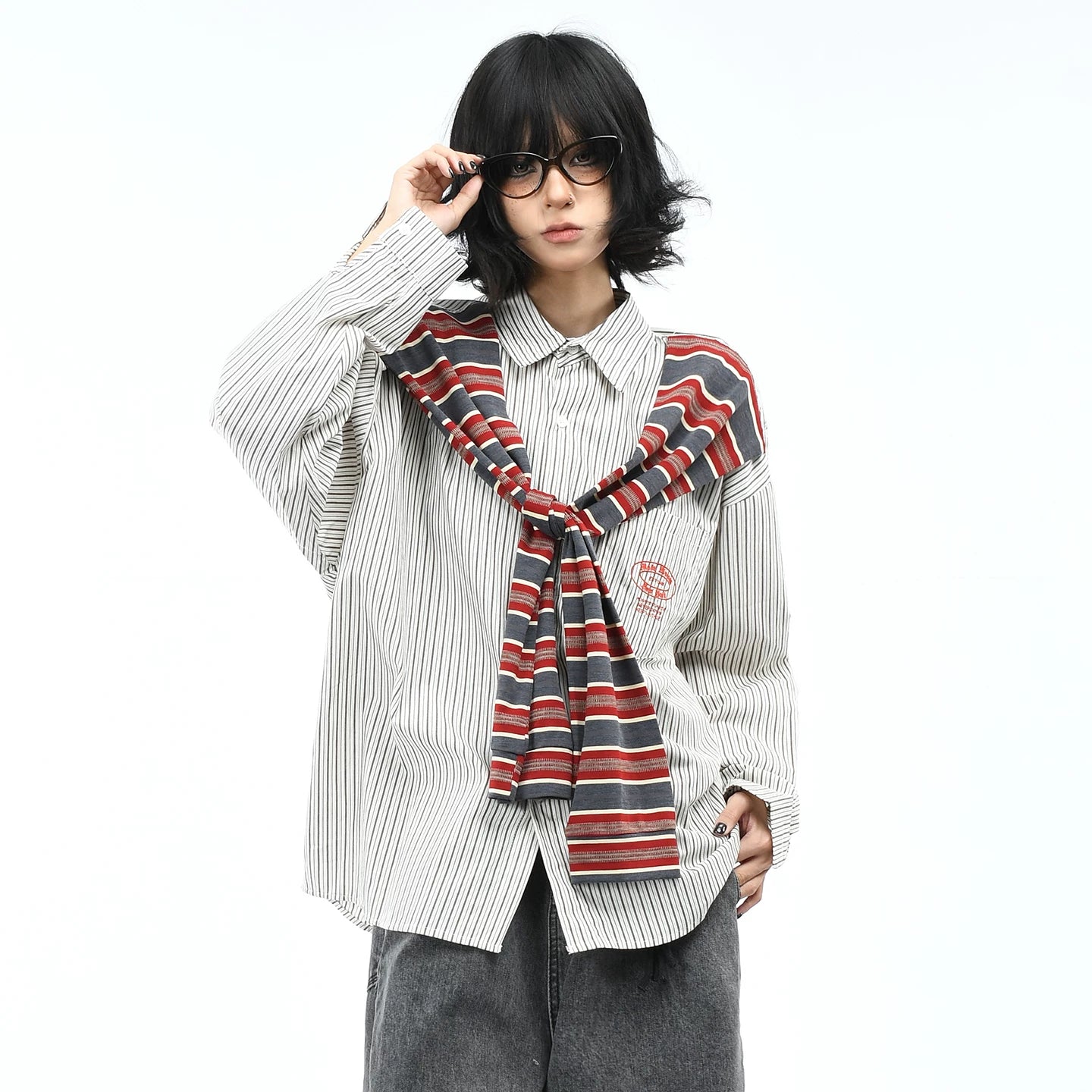 OV original American retro striped shawl design long sleeved shirt for men and women autumn street loose casual shirt trend