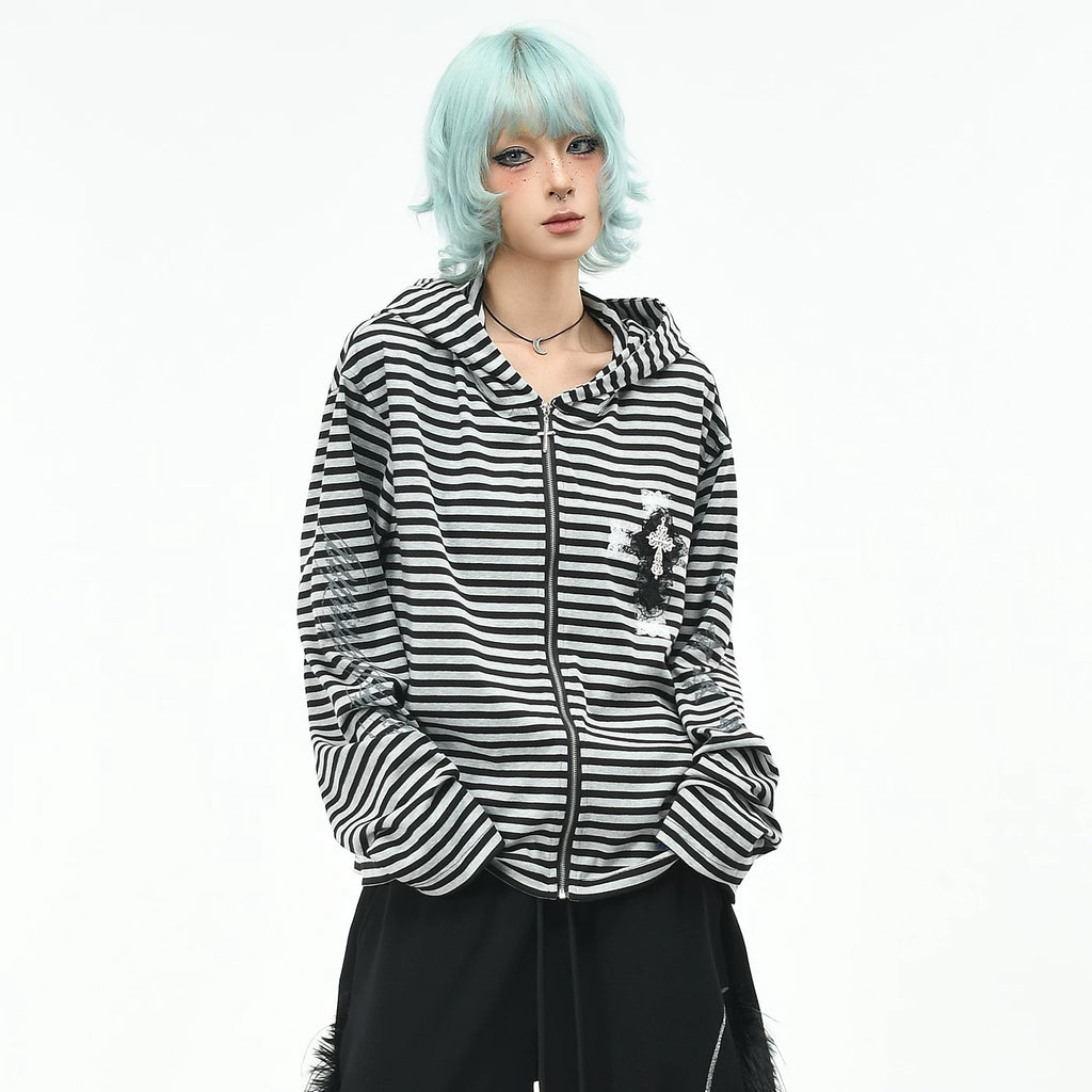 OV original light Asian style striped cross hooded sweatshirt for men and women autumn loose short Gothic cardigan jacket trendy