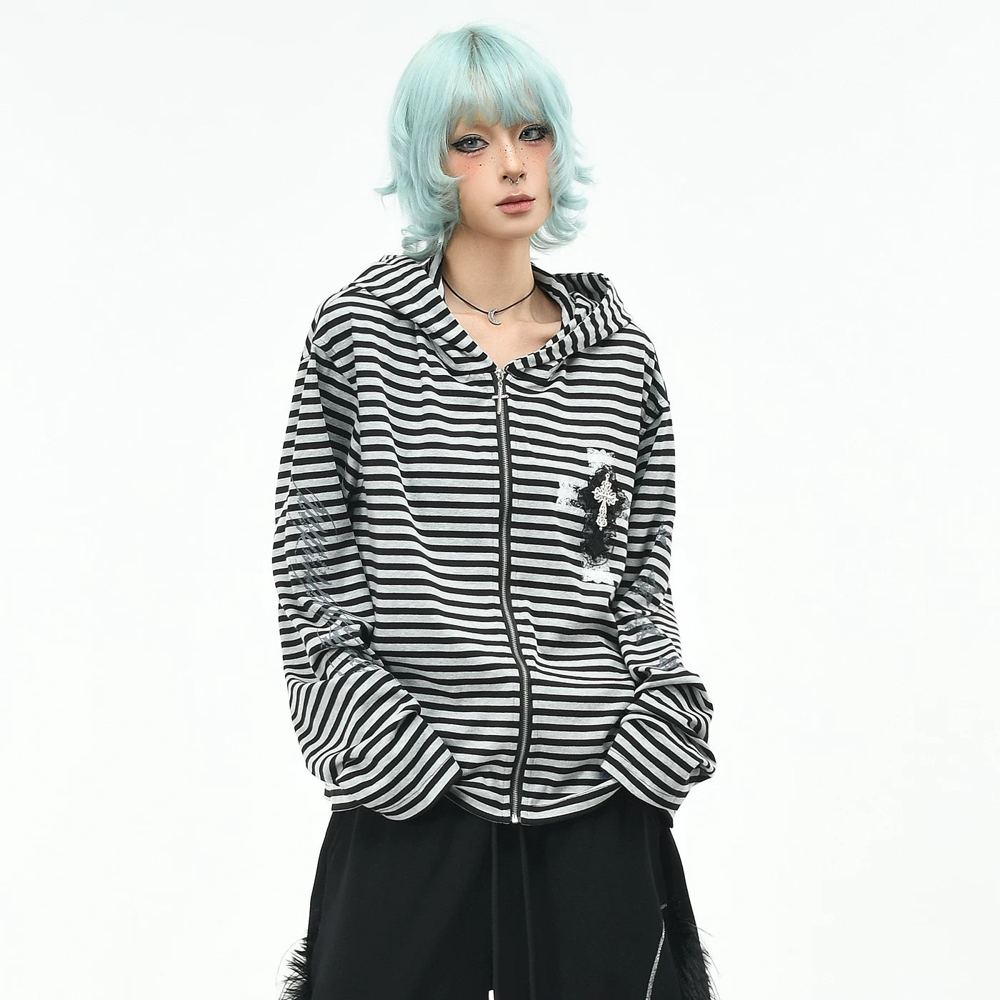 OV original light Asian style striped cross hooded sweatshirt for men and women autumn loose short Gothic cardigan jacket trendy