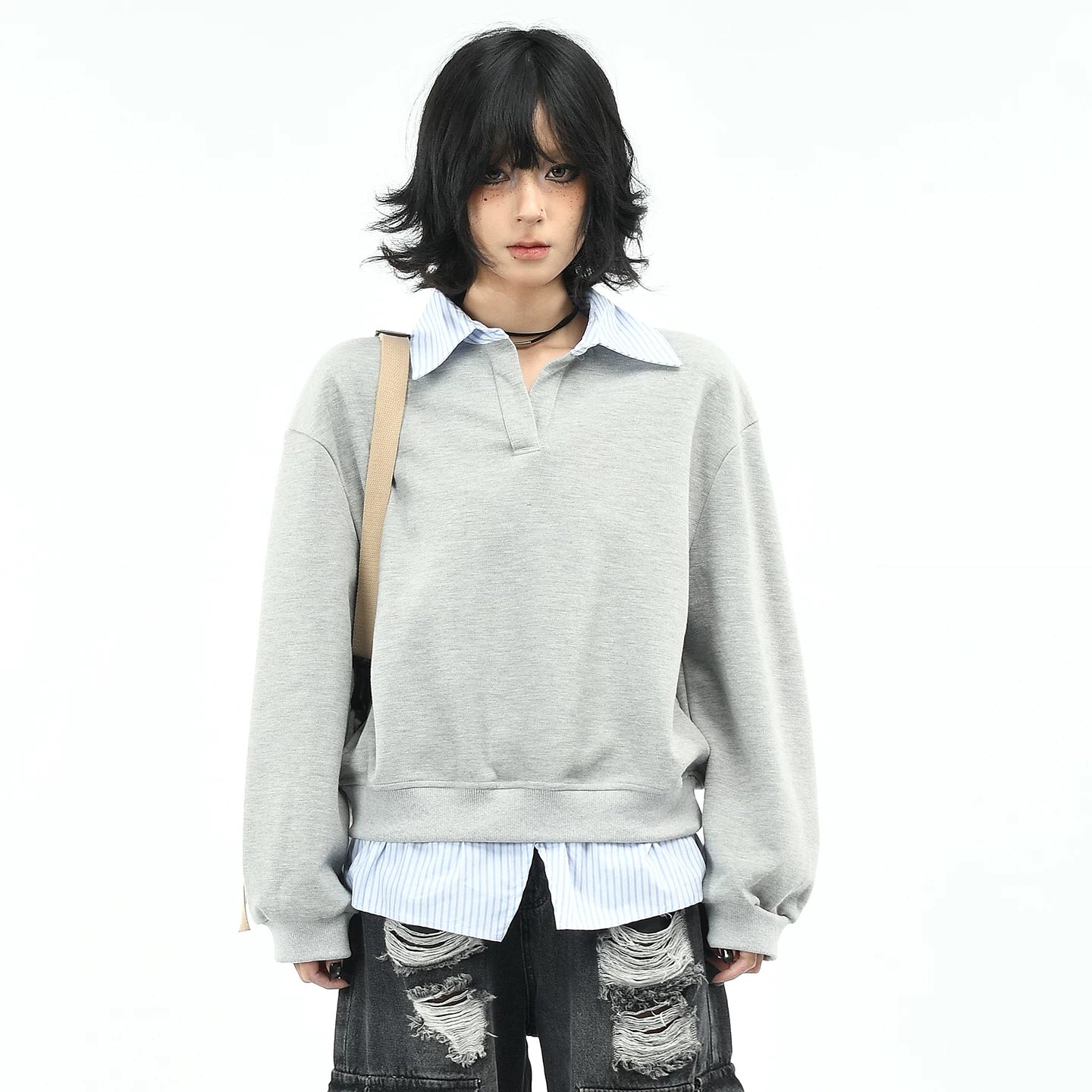 OV original American college style fake two-piece striped patchwork lapel sweatshirt for women's autumn loose casual long sleeved top