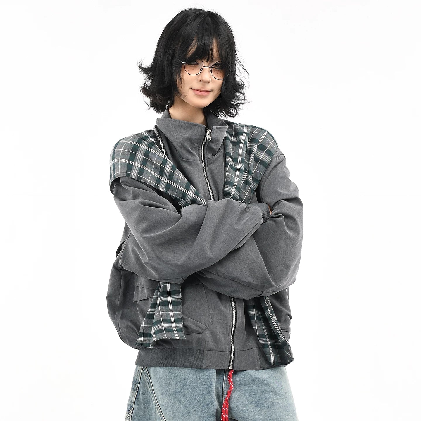 OV original American retro plaid shawl detachable design jacket for men and women autumn loose shaped hat jacket trend