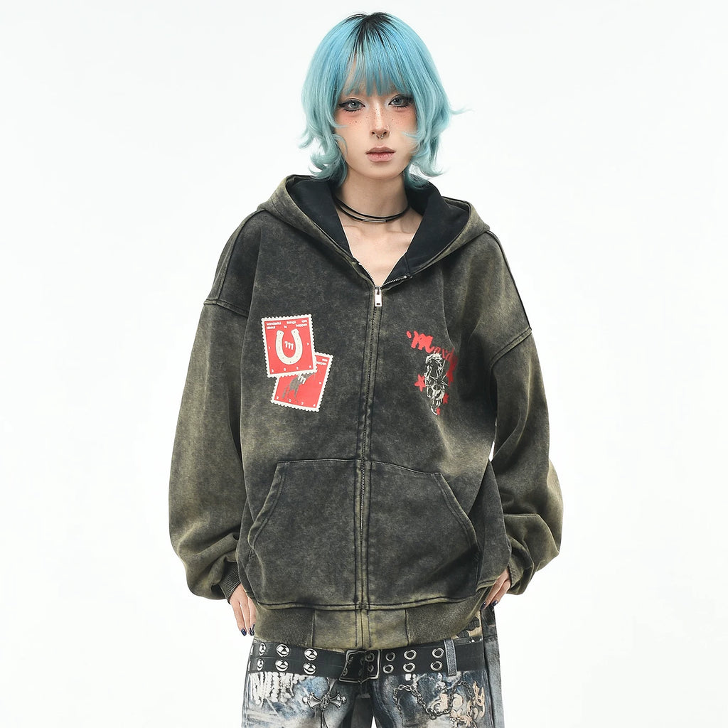 OV original American retro distressed dirty dye cardigan hooded sweatshirt for men and women BF autumn loose zipper trendy brand jacket