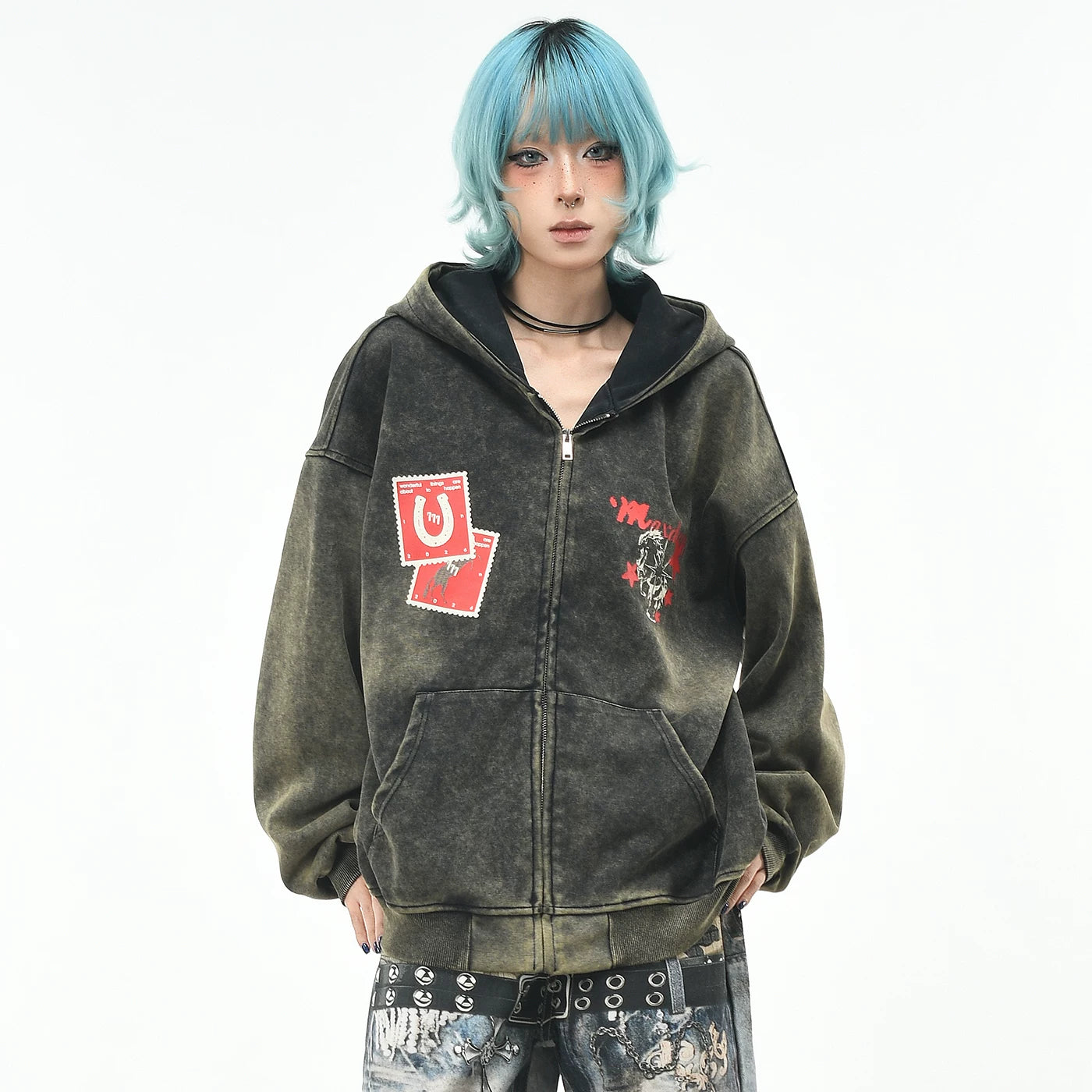 OV original American retro distressed dirty dye cardigan hooded sweatshirt for men and women BF autumn loose zipper trendy brand jacket
