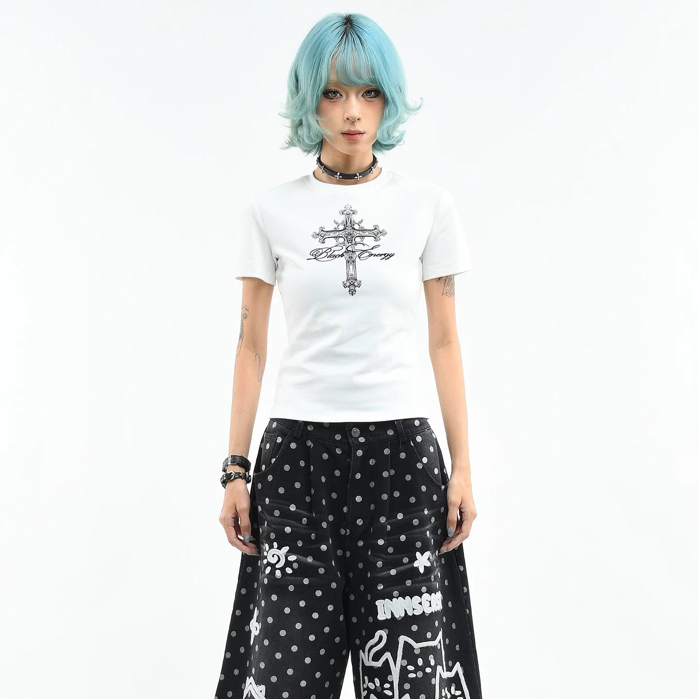 OV original/American style spicy girl cross print short sleeved T-shirt for women's summer slim fit short cut, slimming up straight shoulder top