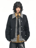 OV original American retro checkered patchwork fake two-piece workwear jacket for women, autumn casual loose collar jacket for men