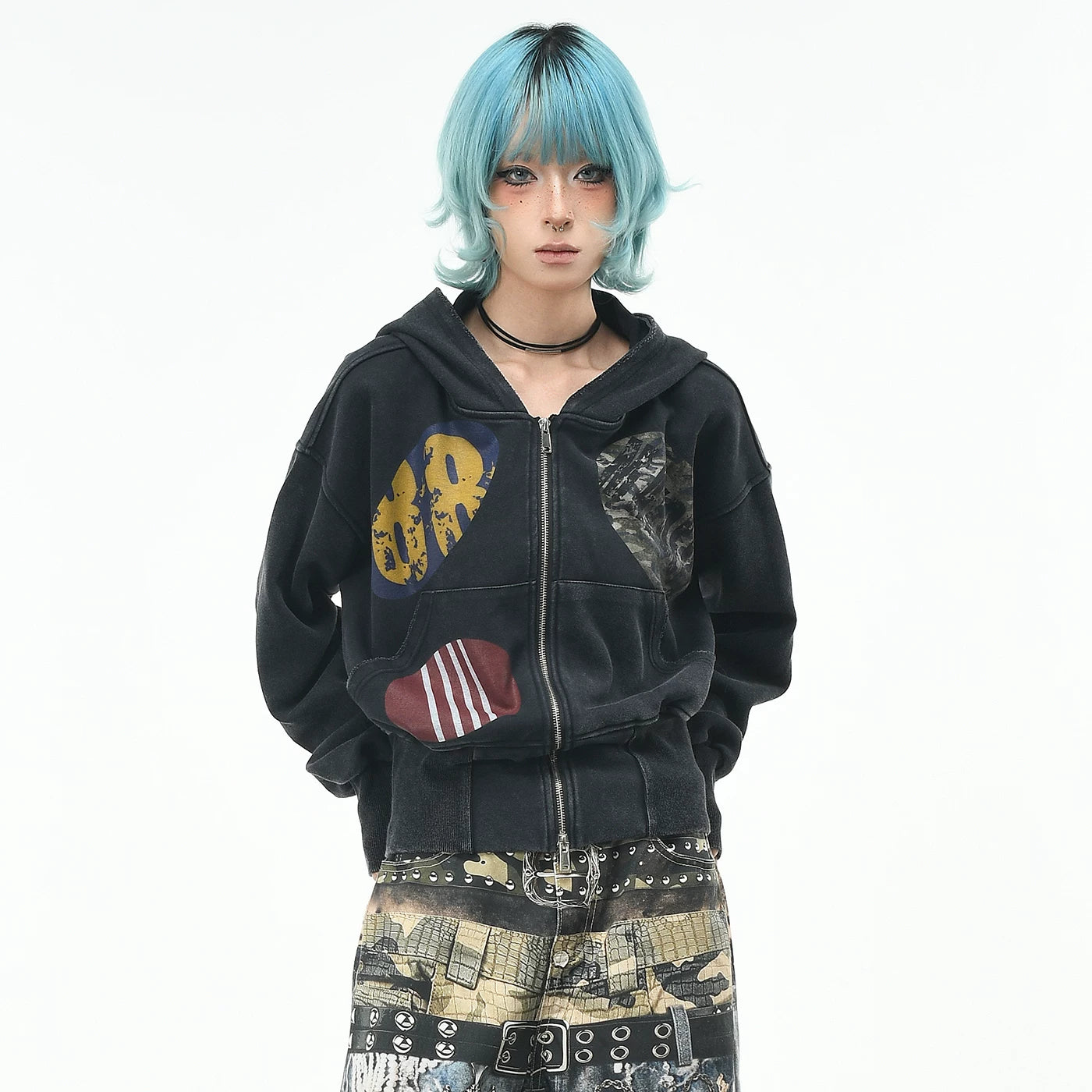OV original American retro widened thread waist cinched hooded sweatshirt for women in autumn, loose short style, vintage cardigan jacket