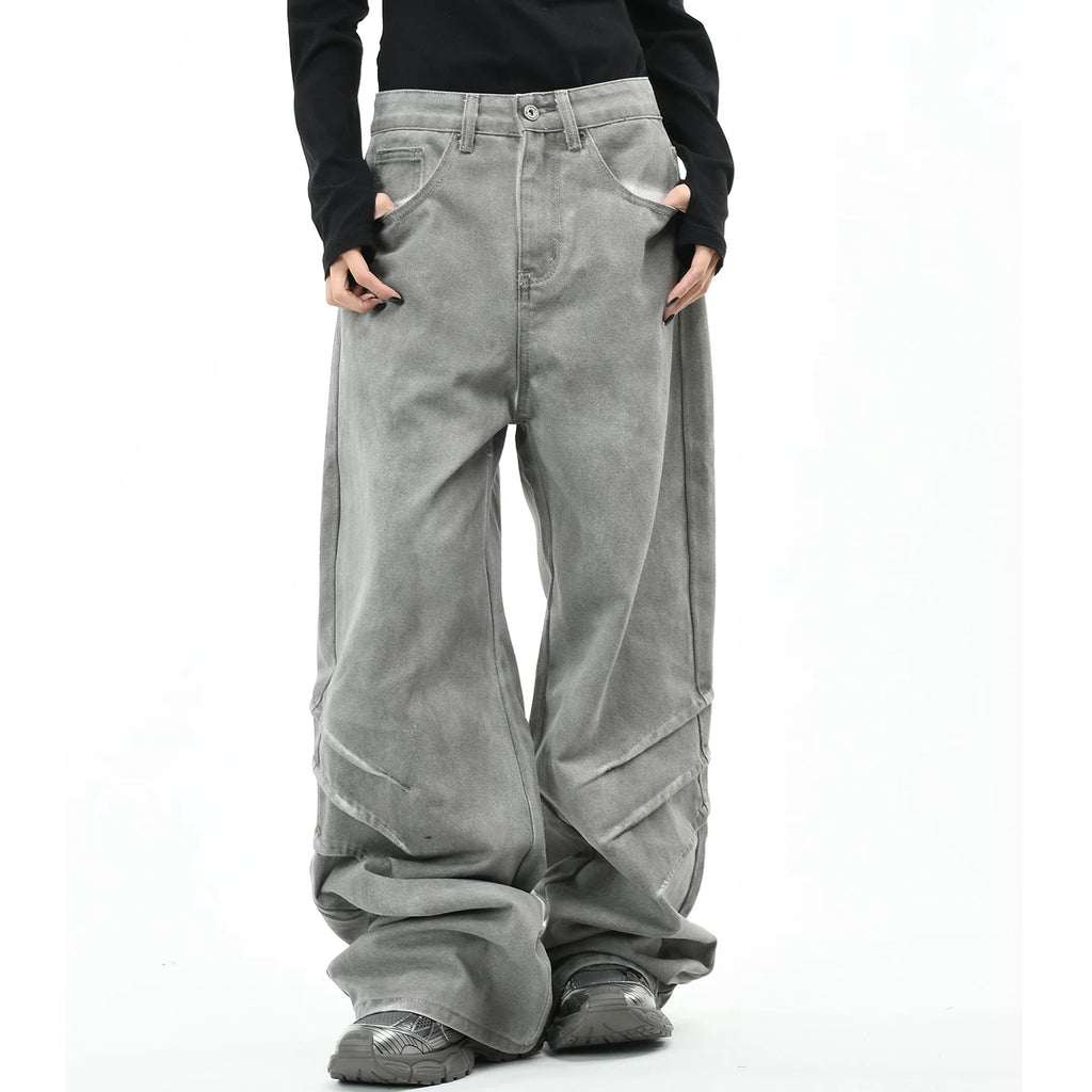 OV original American style dirty dyed distressed folded washed denim jeans for men and women, loose wide leg pants for the streets, men's fashion