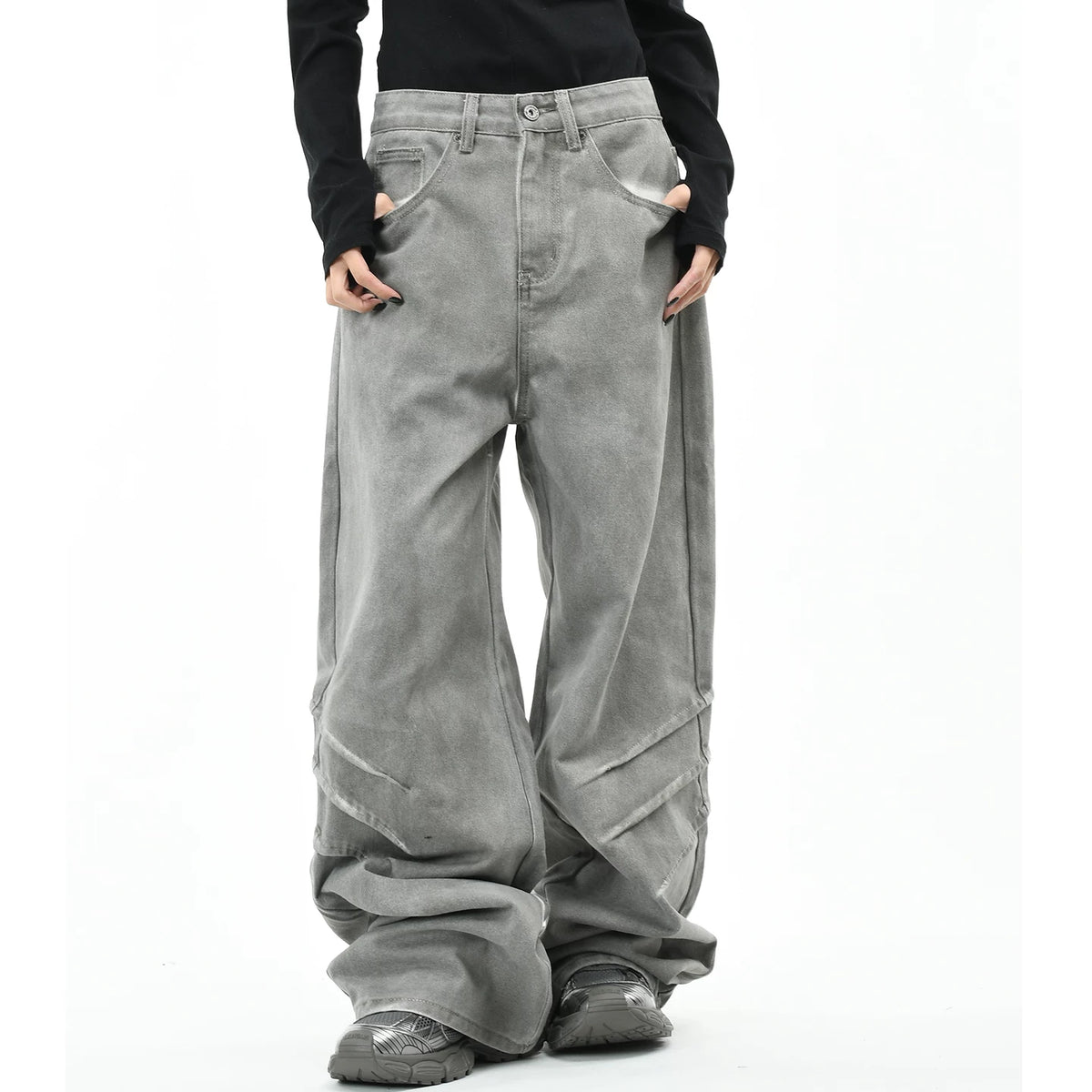 OV original American style dirty dyed distressed folded washed denim jeans for men and women, loose wide leg pants for the streets, men's fashion