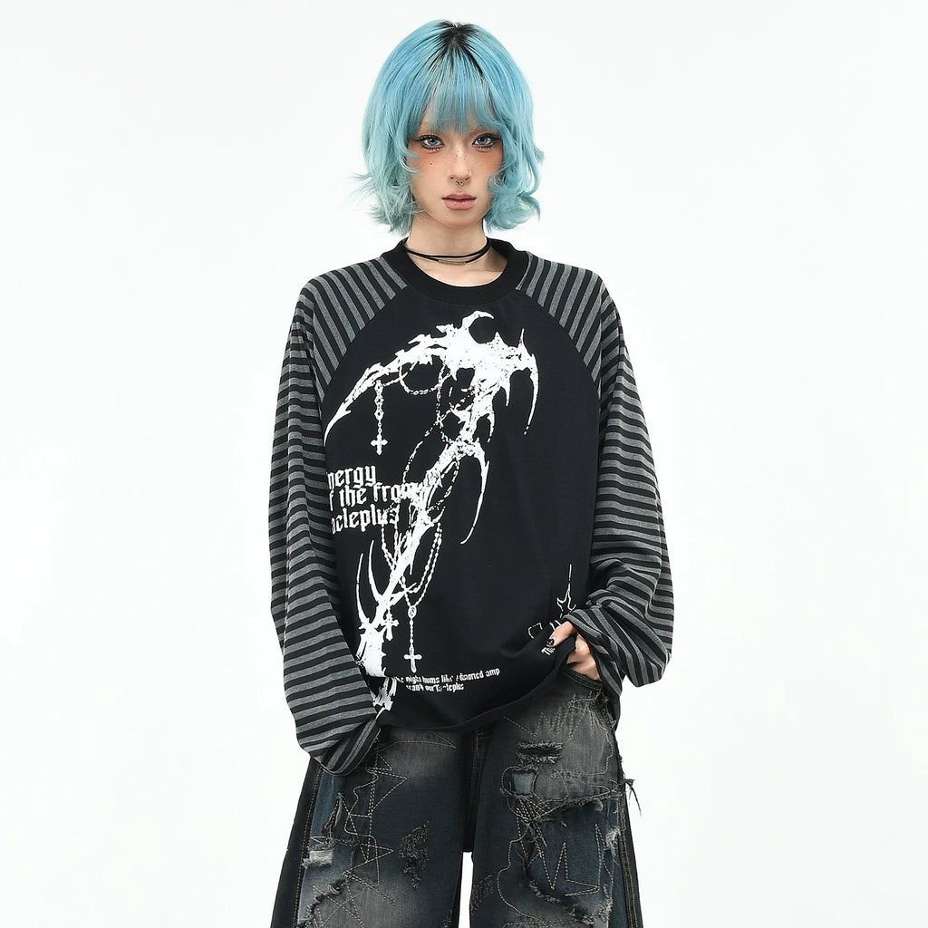 OV original/subculture Gothic style striped contrasting long sleeved T-shirt for men and women in autumn, loose dark raglan top