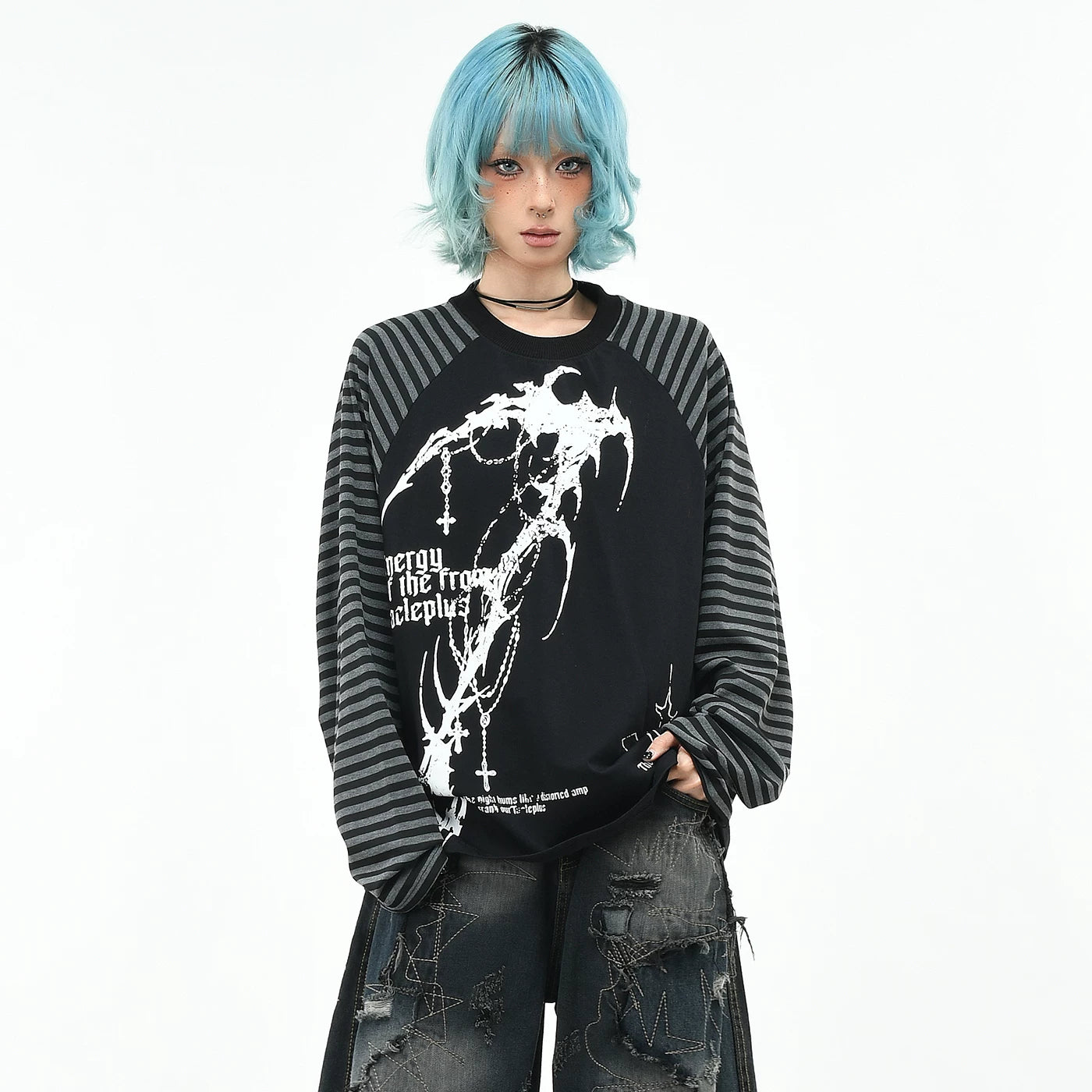OV original/subculture Gothic style striped contrasting long sleeved T-shirt for men and women in autumn, loose dark raglan top