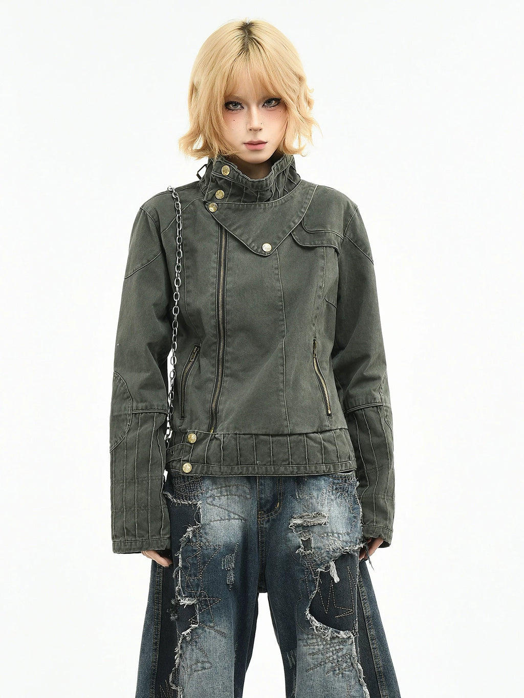 OV original American punk rivet distressed washed stand up collar jacket for women in spring Abi style short motorcycle jacket trend