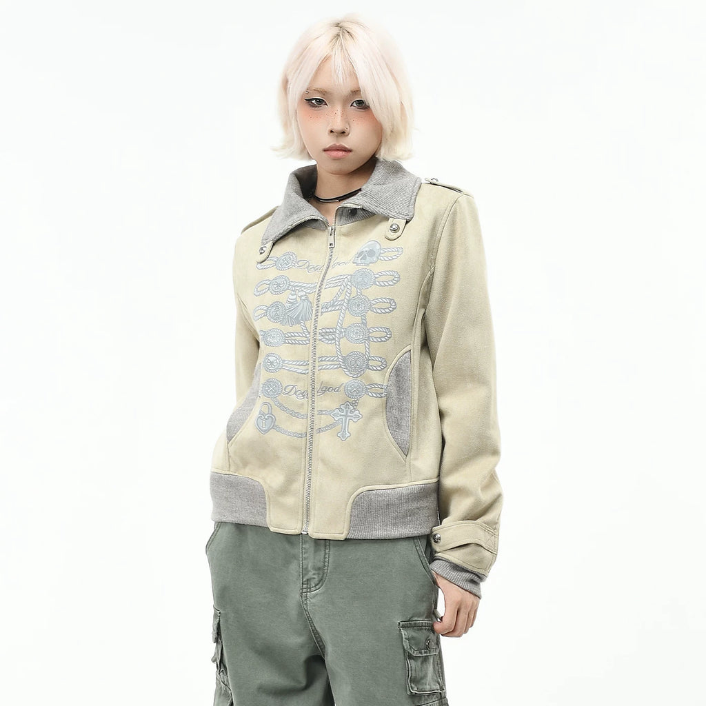 OV original retro court style slim fit short jacket for women's autumn design, skull print lapel zipper jacket