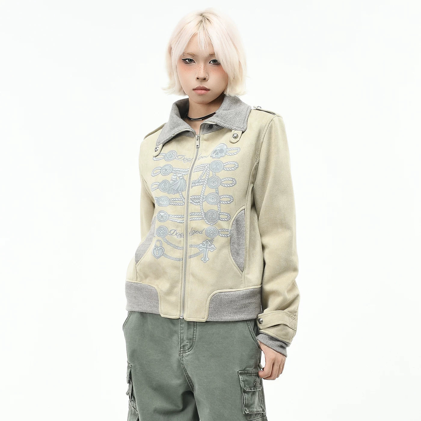 OV original retro court style slim fit short jacket for women's autumn design, skull print lapel zipper jacket
