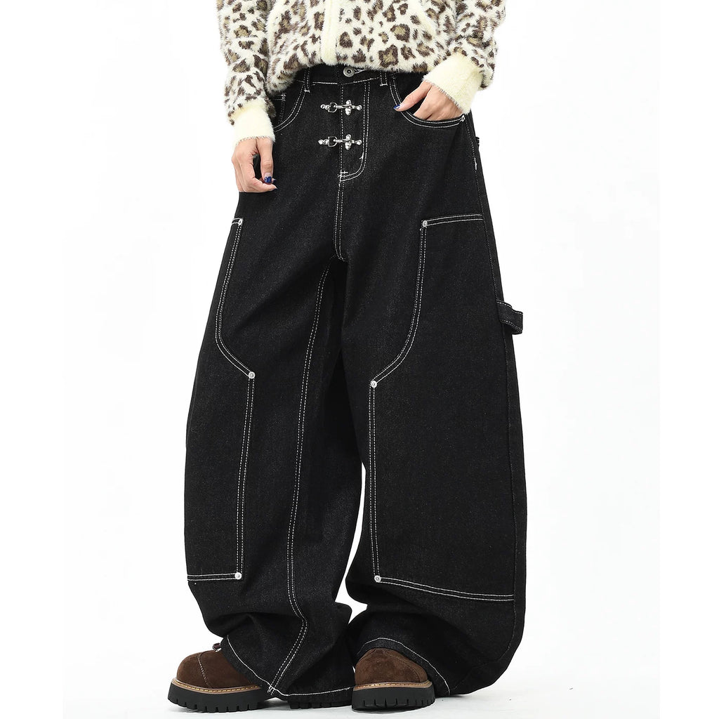 OV original American style cool airplane buckle design jeans for men and women, loose wide leg tannins, original cow pants, trendy