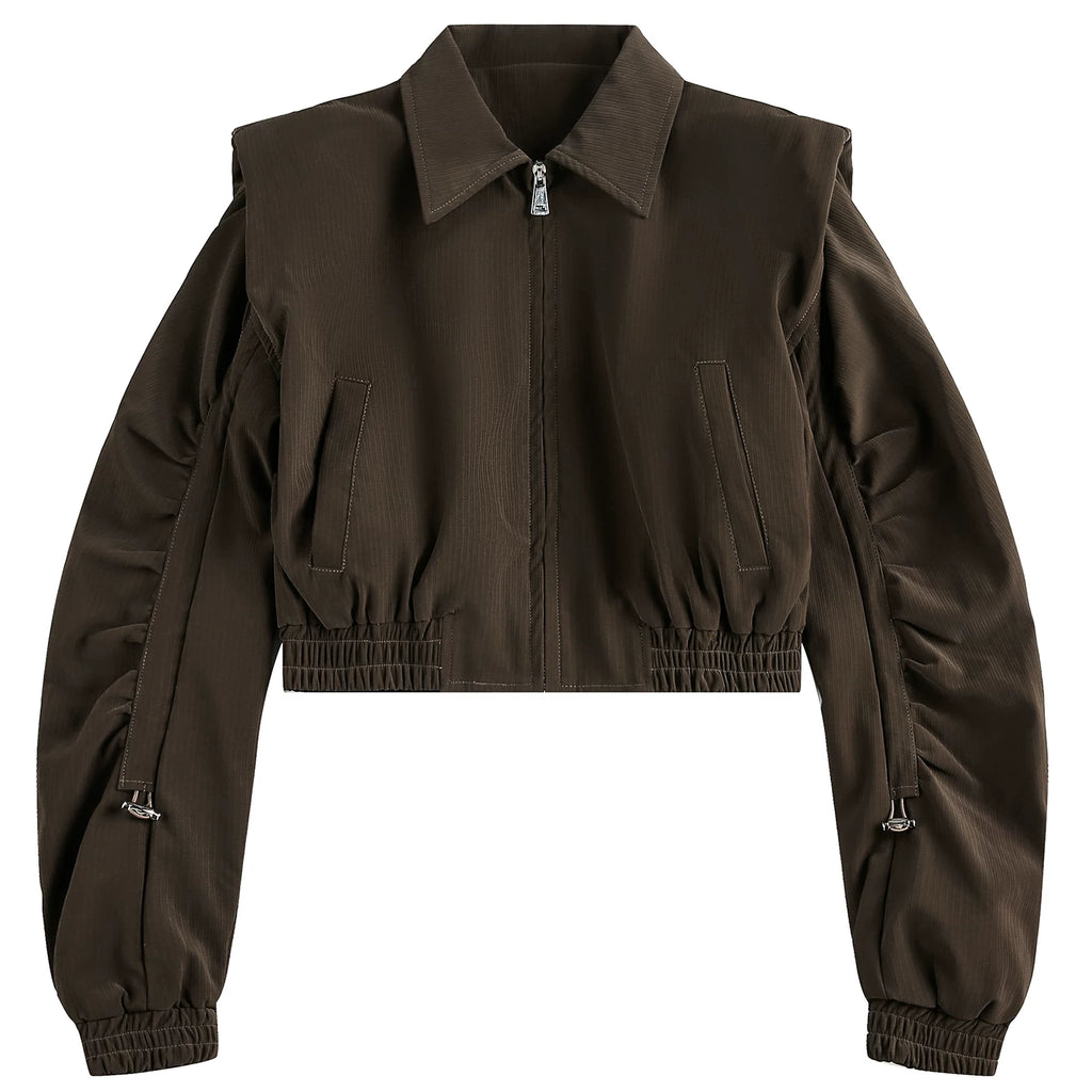 OV Original American Retro Shoulder Cushion Coffee Color Short Coat for Women, Autumn Luxury, Casual Collar Jacket, Trendy Top