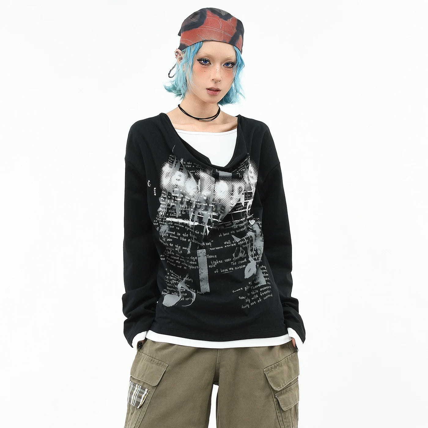OV original/punk Abi style musical note printed long sleeved T-shirt for men and women autumn loose pile collar fake two-piece top