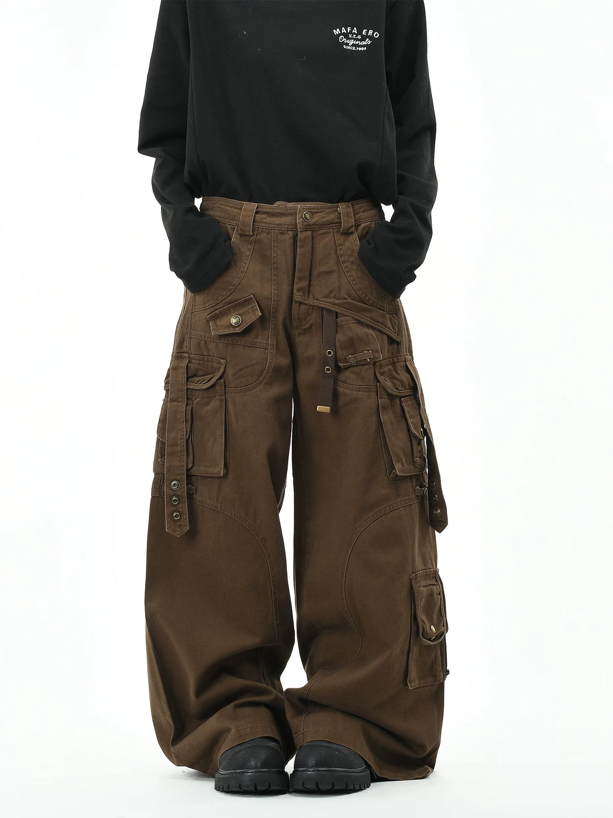 OV original American style multi pocket ribbon functional work pants for women on the street, loose wide leg washed long pants for men, trendy