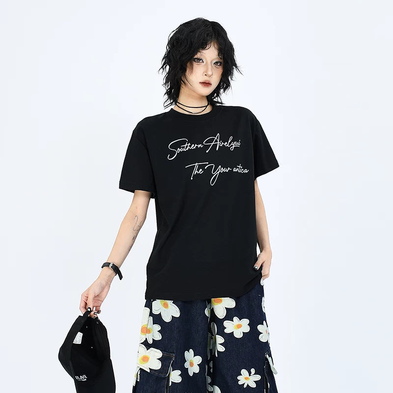 OV original/Summer American letter print Sorona cool short sleeved T-shirt for men and women boxy shoulder slimming top