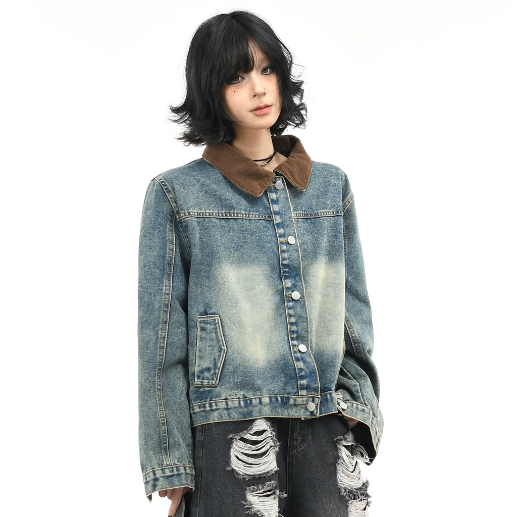 OV original American retro patchwork washed denim jacket for women in autumn, stylish and straight shoulder short loose jacket