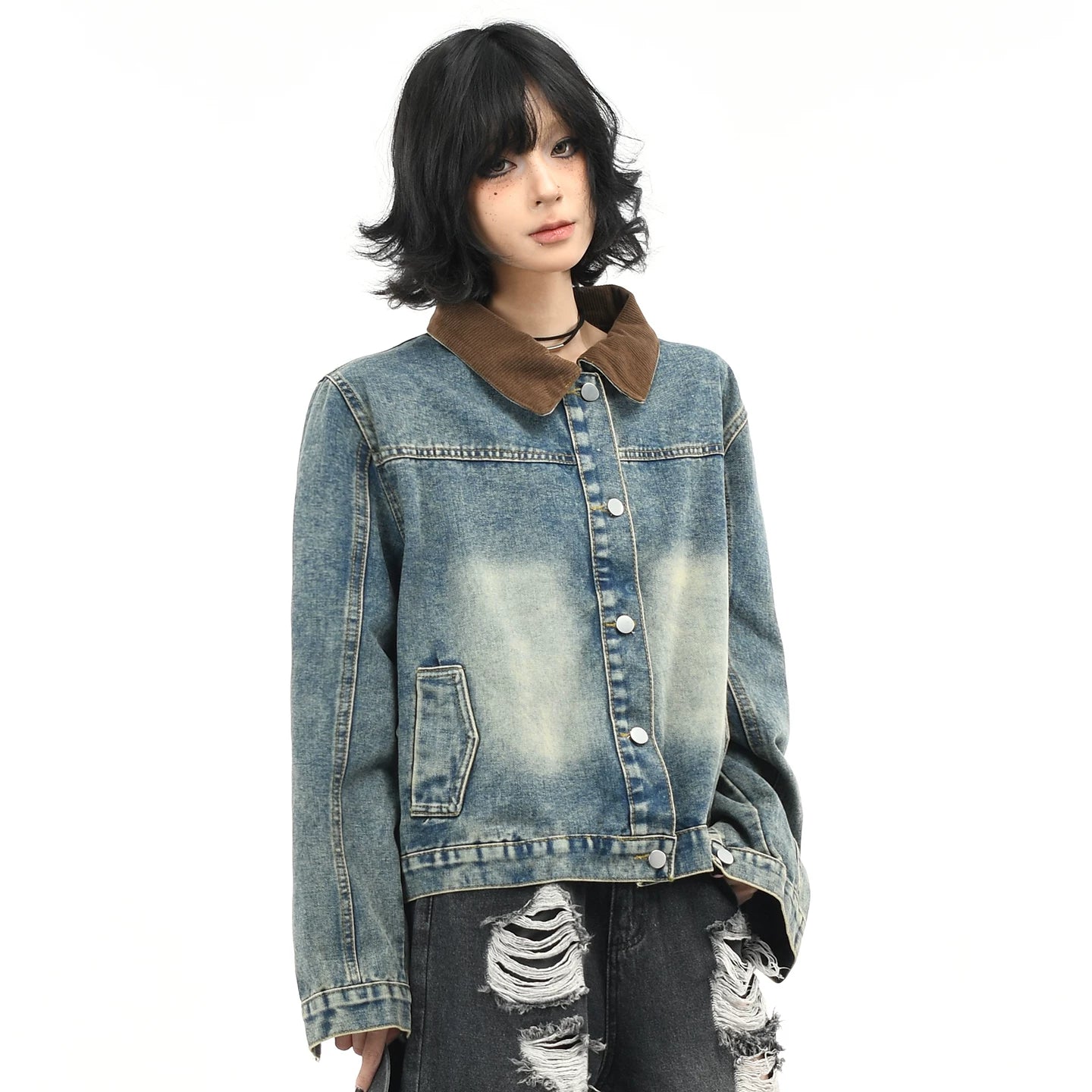 OV original American retro patchwork washed denim jacket for women in autumn, stylish and straight shoulder short loose jacket