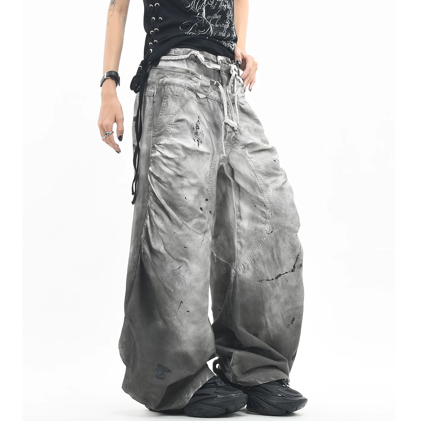 OV original light Asian wasteland style splashed ink dirty dye made old casual pants for men and women loose double waisted drawstring curved knife pants