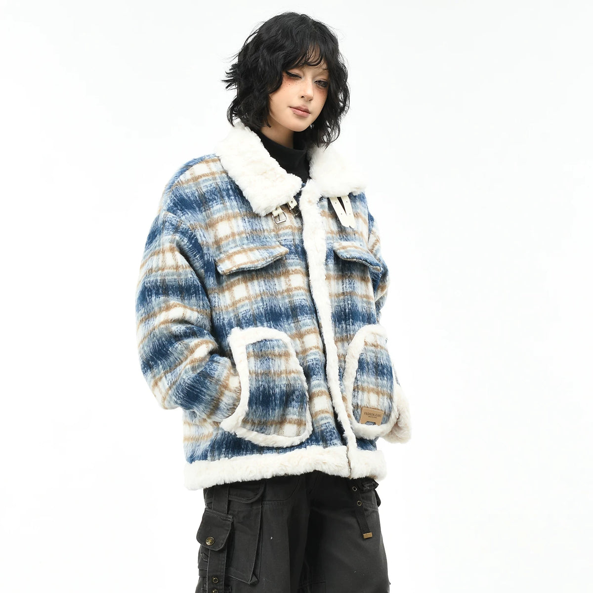 OV Original American Retro Checkered Lamb Fleece Collar Coat for Women in Winter, Loose and Warm, Cotton Jacket with Velvet, Cotton Jacket for Men