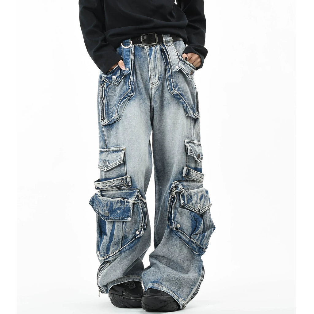 OV original American heavy industry vintage washed multi pocket workwear jeans for men and women loose wide leg punk style pants