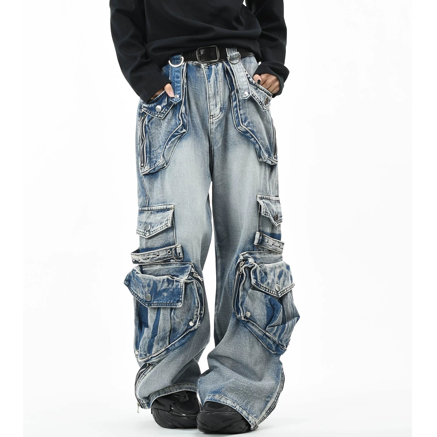 OV original American heavy industry vintage washed multi pocket workwear jeans for men and women loose wide leg punk style pants