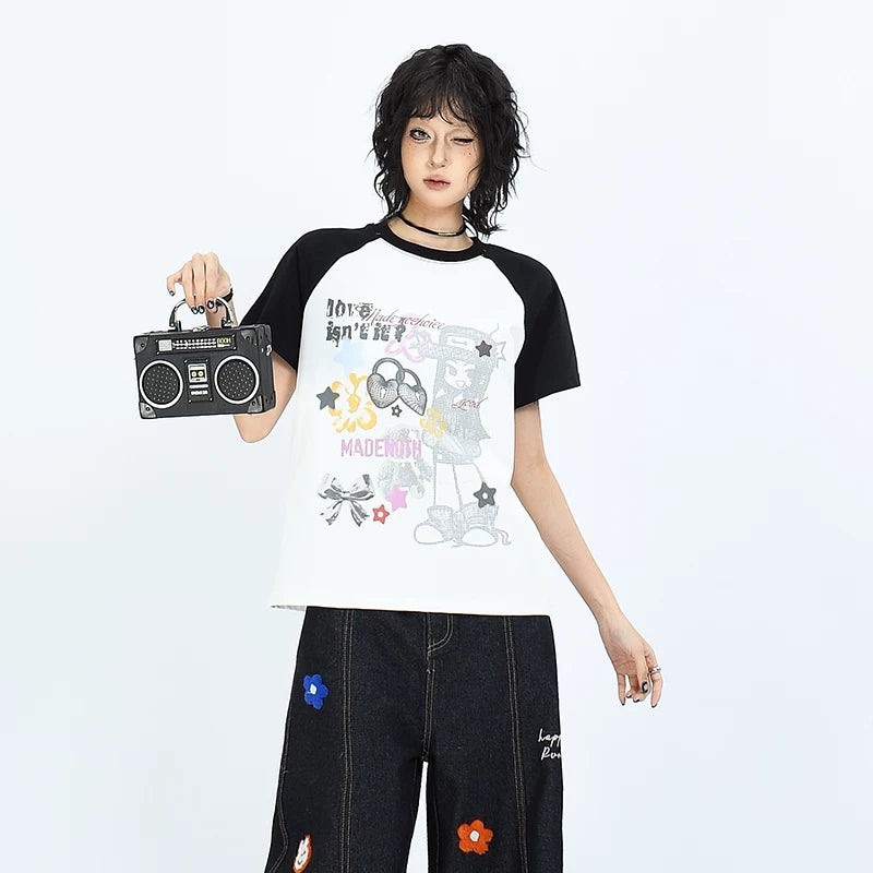 OV original/American fun cartoon printed short sleeved T-shirt for women in summer with raglan sleeves and contrasting color front shoulder short top trend