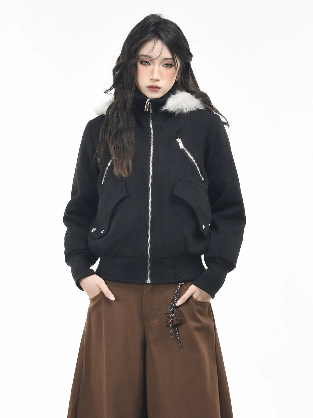 OV original American retro fur collar design with thick fleece hooded jacket for women's winter short, slim and warm cotton jacket