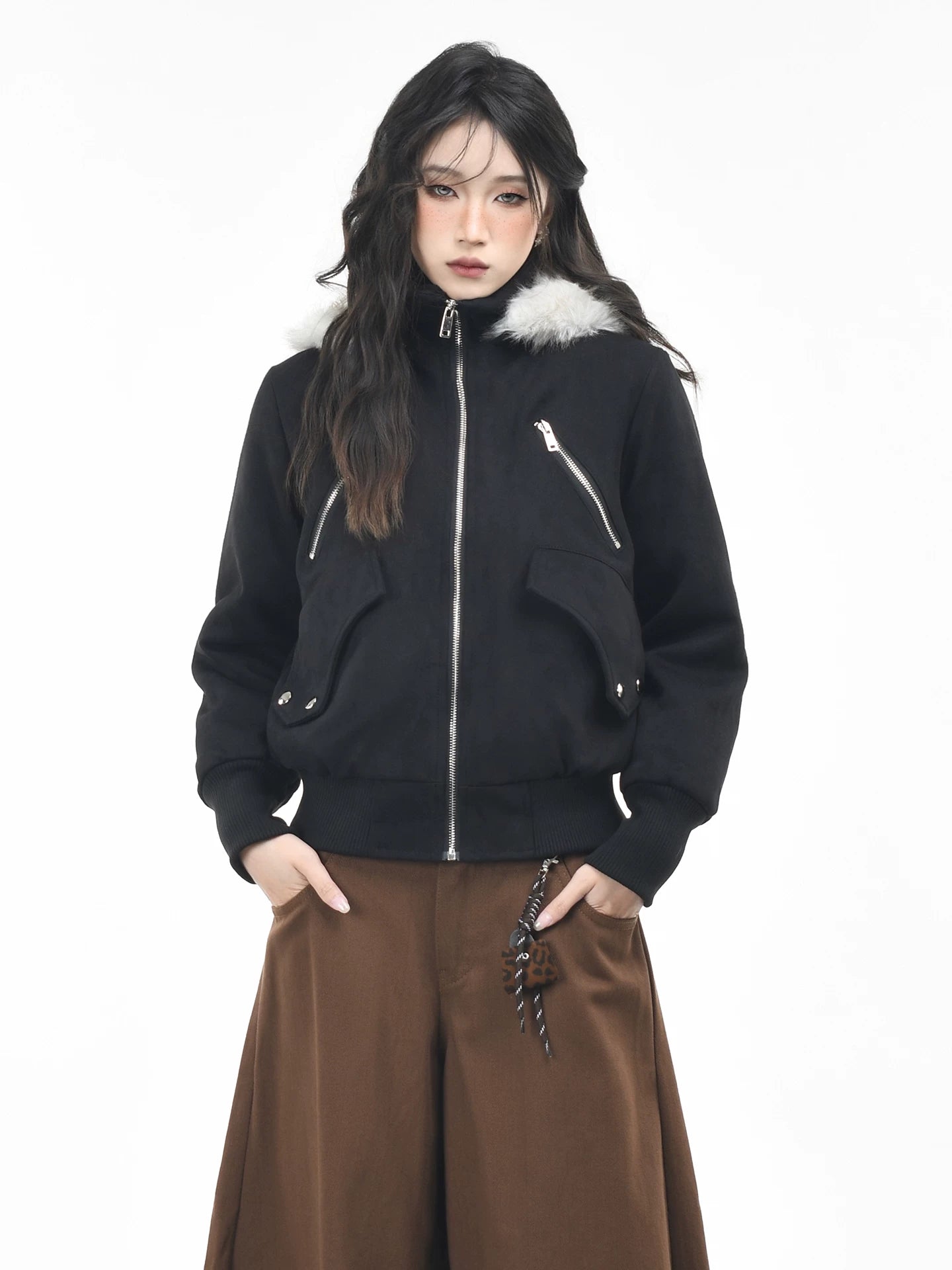 OV original American retro fur collar design with thick fleece hooded jacket for women's winter short, slim and warm cotton jacket