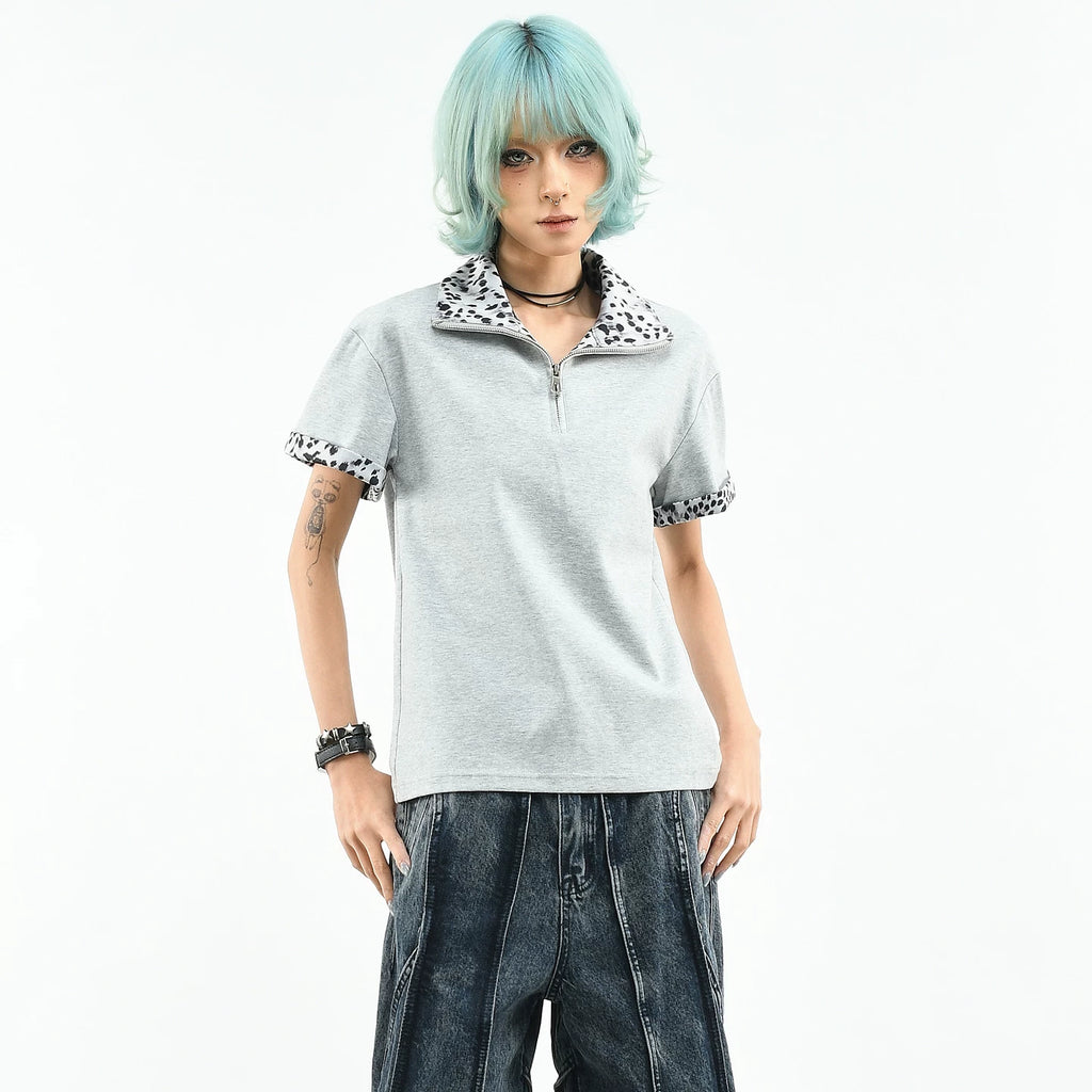 OV original/American leopard print spliced half zipper short sleeved polo shirt for women's summer slim fit short design, front shoulder slimming T-shirt