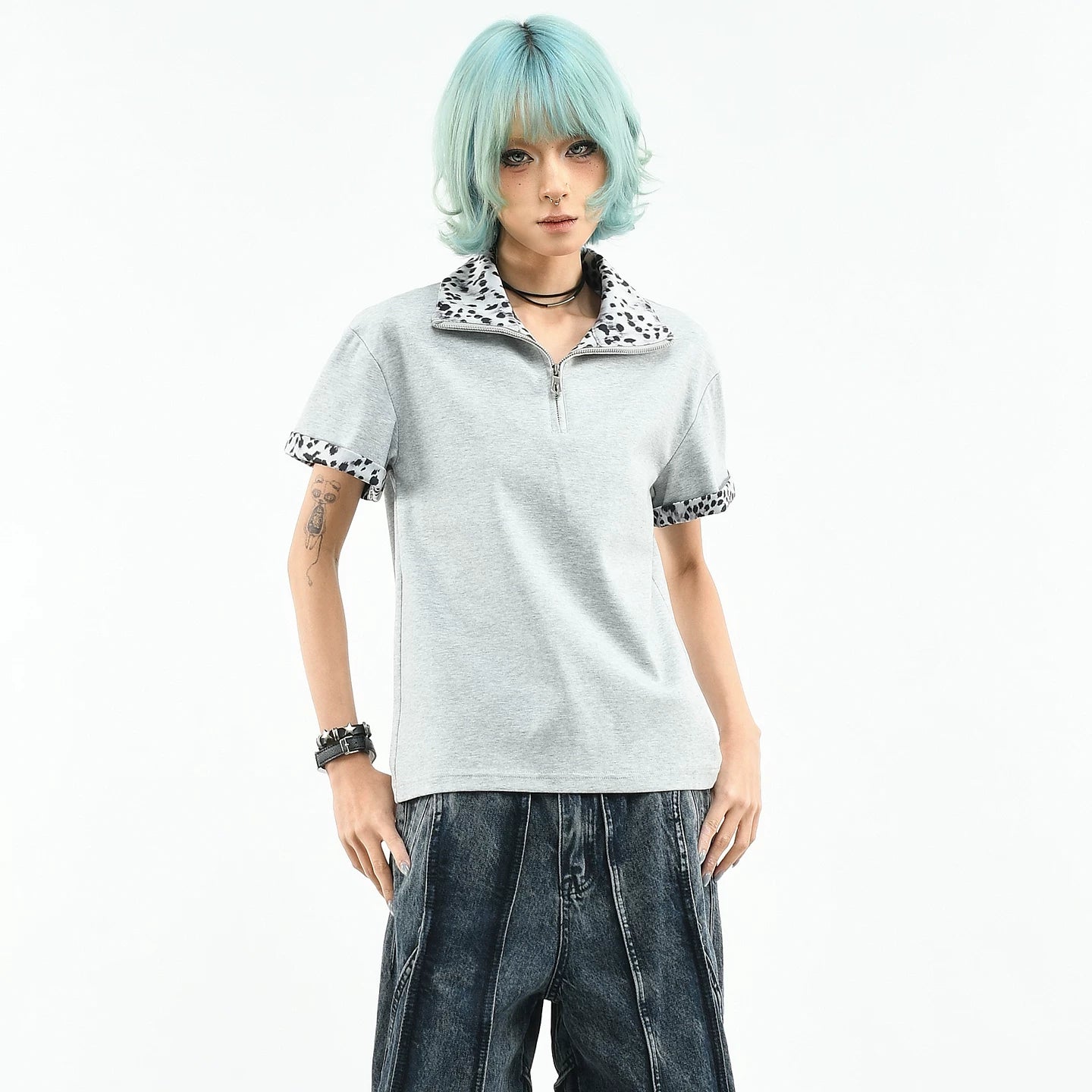 OV original/American leopard print spliced half zipper short sleeved polo shirt for women's summer slim fit short design, front shoulder slimming T-shirt