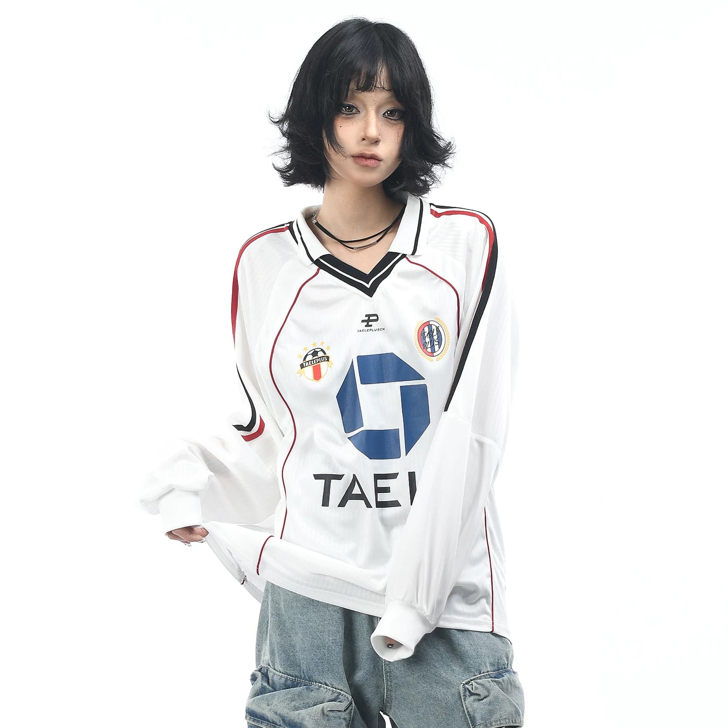 OV original American retro V-neck jersey printed long sleeved T-shirt for men and women autumn loose fitting raglan sleeves couple's top trend