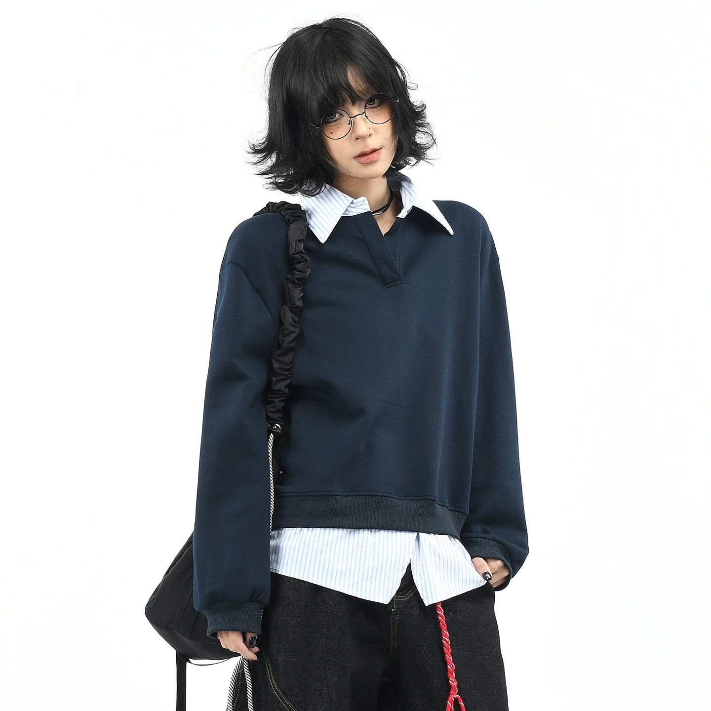 OV original American college style fake two-piece striped patchwork lapel sweatshirt for women's autumn loose casual long sleeved top