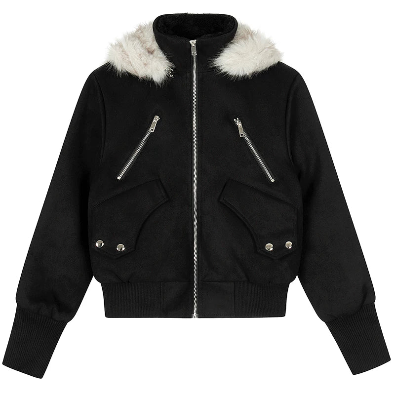 OV original American retro fur collar design with thick fleece hooded jacket for women's winter short, slim and warm cotton jacket