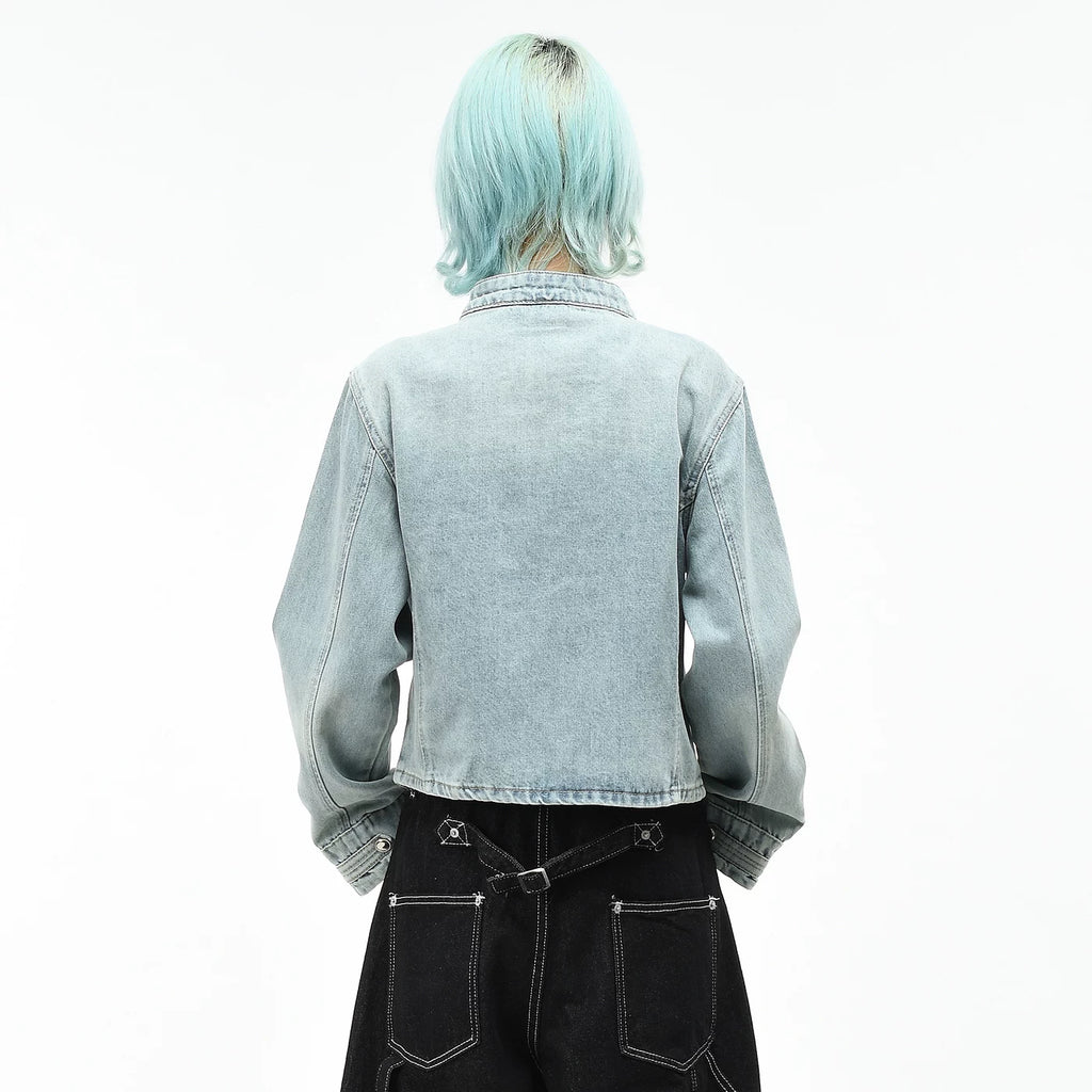 OV original high street Napoleon washed vintage denim jacket for women's autumn slim fit short style breasted stand up collar jacket trend
