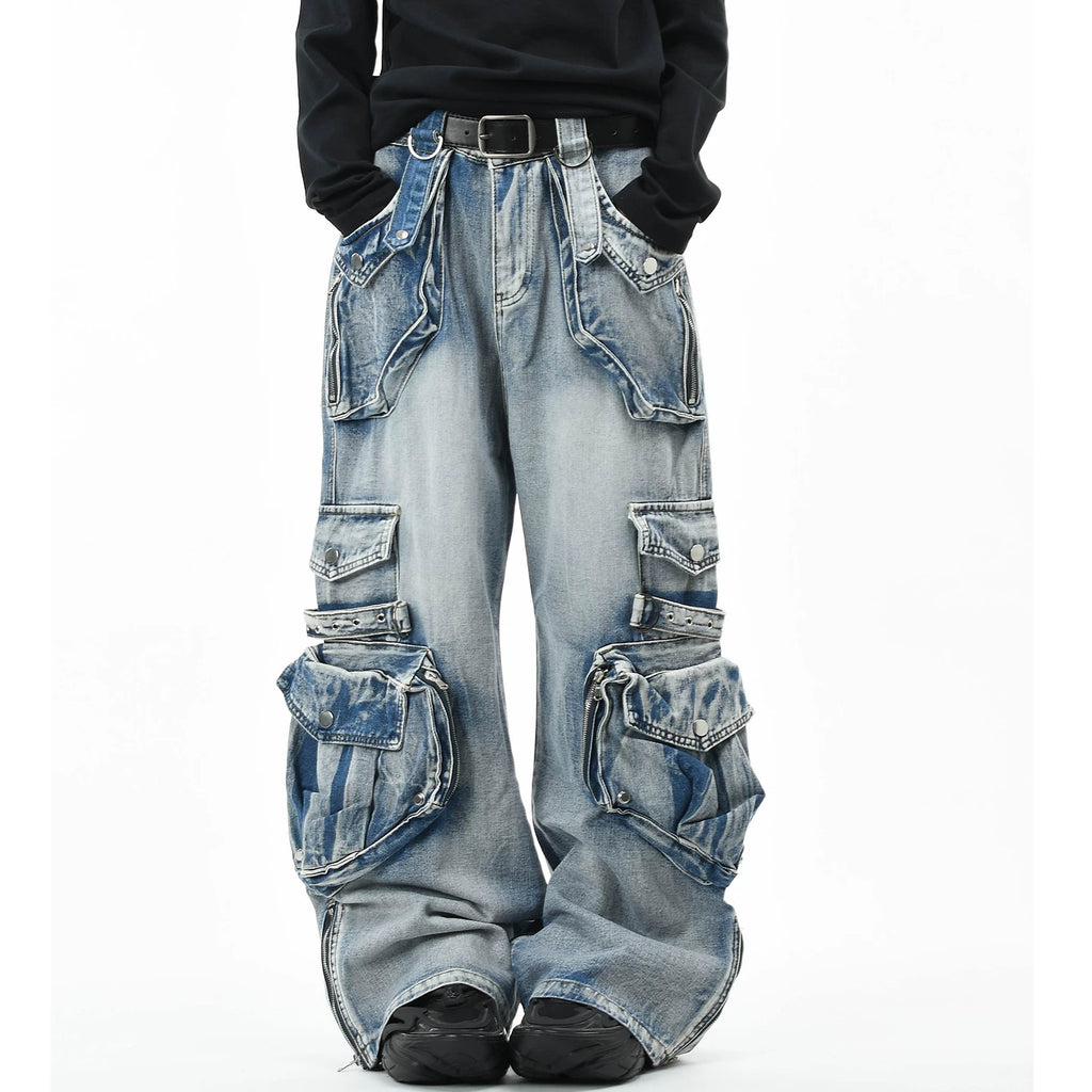 OV original American heavy industry vintage washed multi pocket workwear jeans for men and women loose wide leg punk style pants