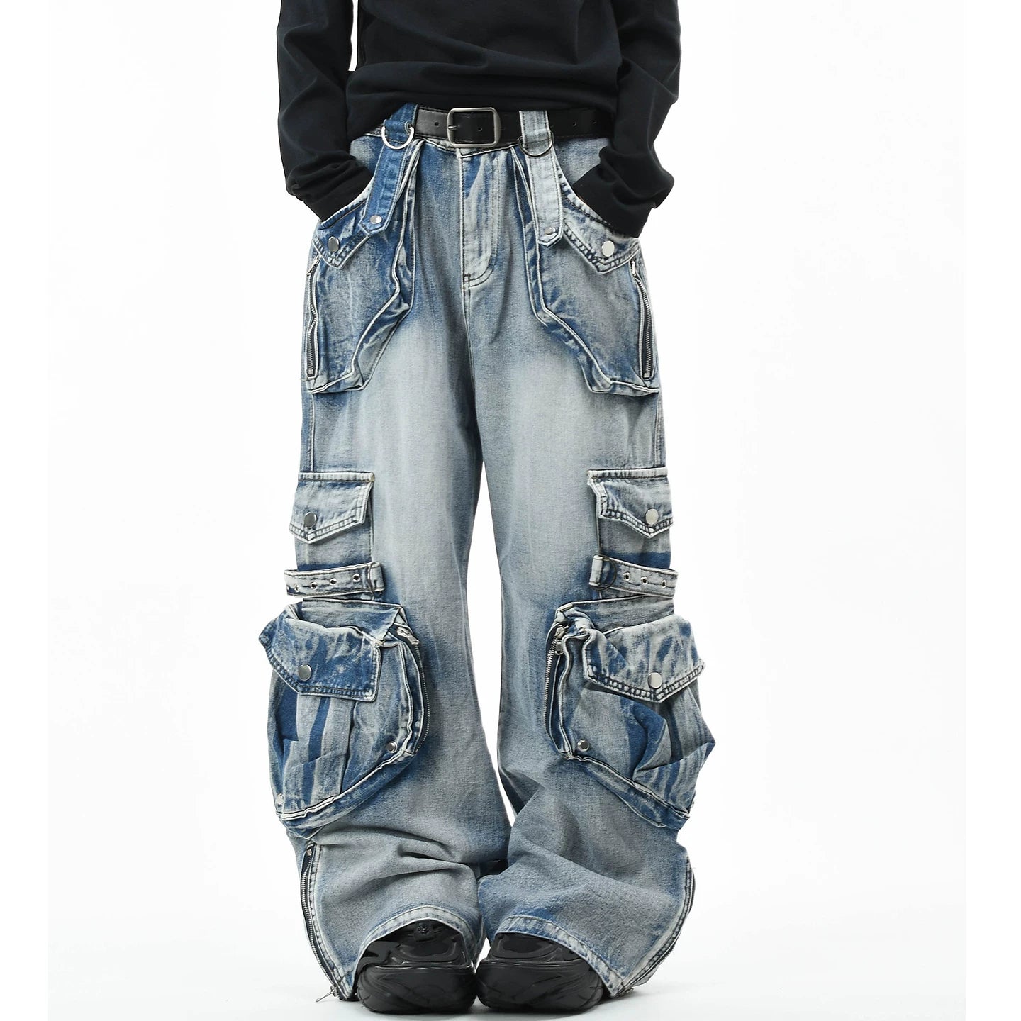 OV original American heavy industry vintage washed multi pocket workwear jeans for men and women loose wide leg punk style pants