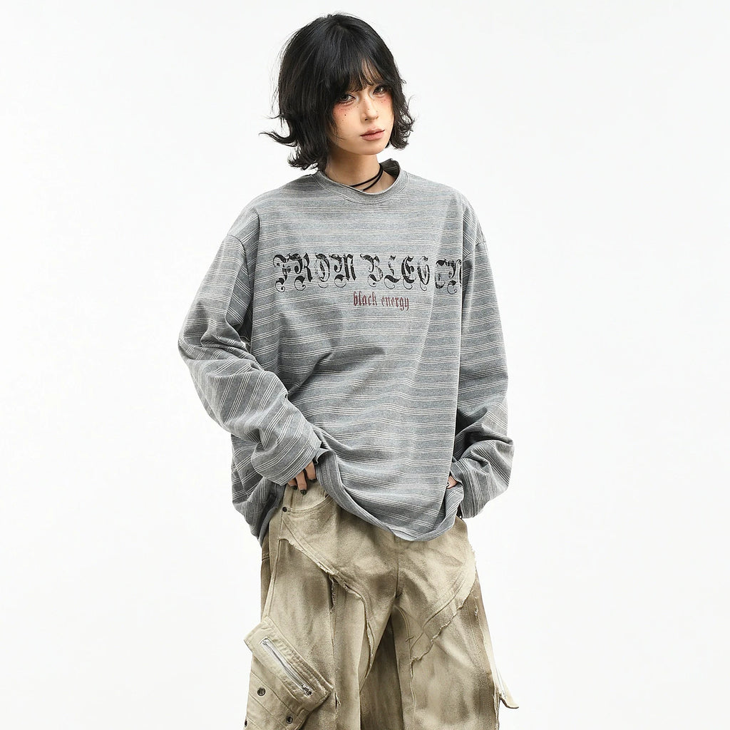 OV original/American retro striped letter printed long sleeved T-shirt for women's spring loose couple casual base top