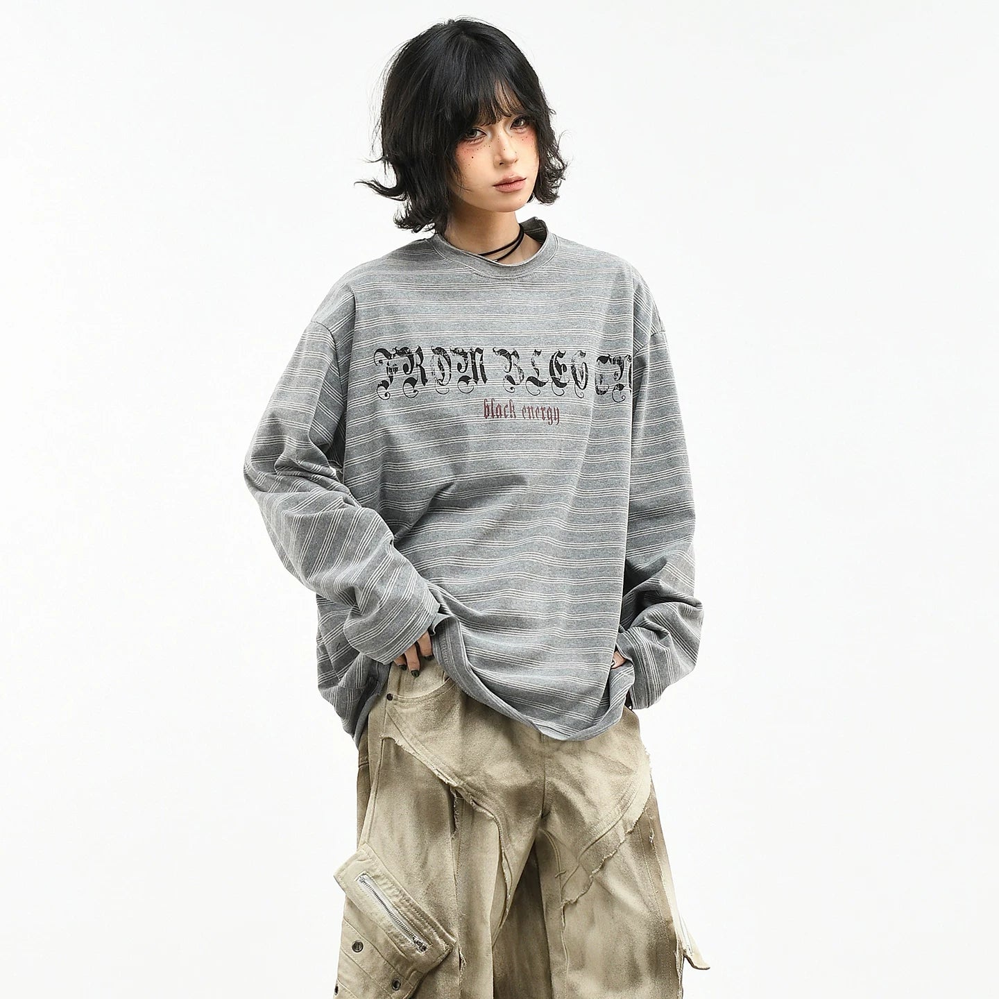OV original/American retro striped letter printed long sleeved T-shirt for women's spring loose couple casual base top
