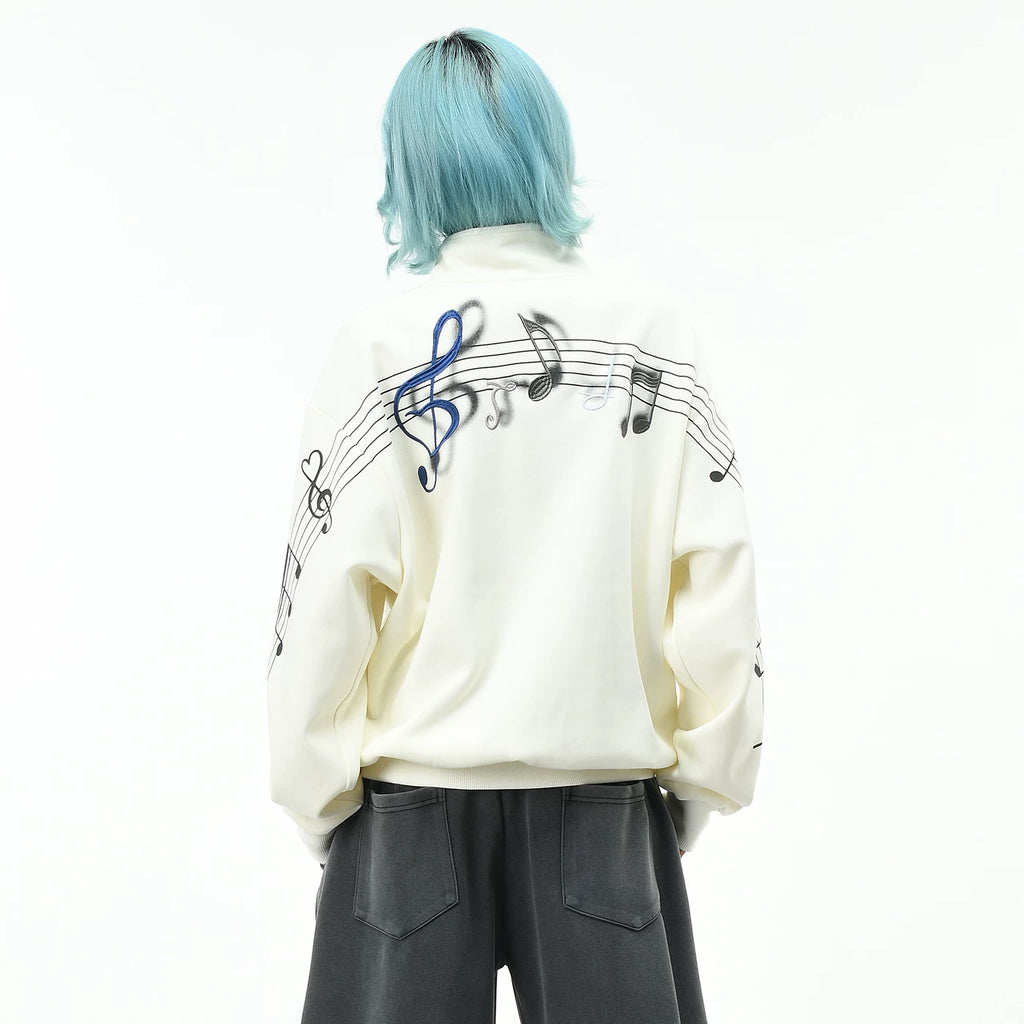 OV original unisex rock note embroidered short jacket for men and women, autumn loose stand up collar zipper casual jacket
