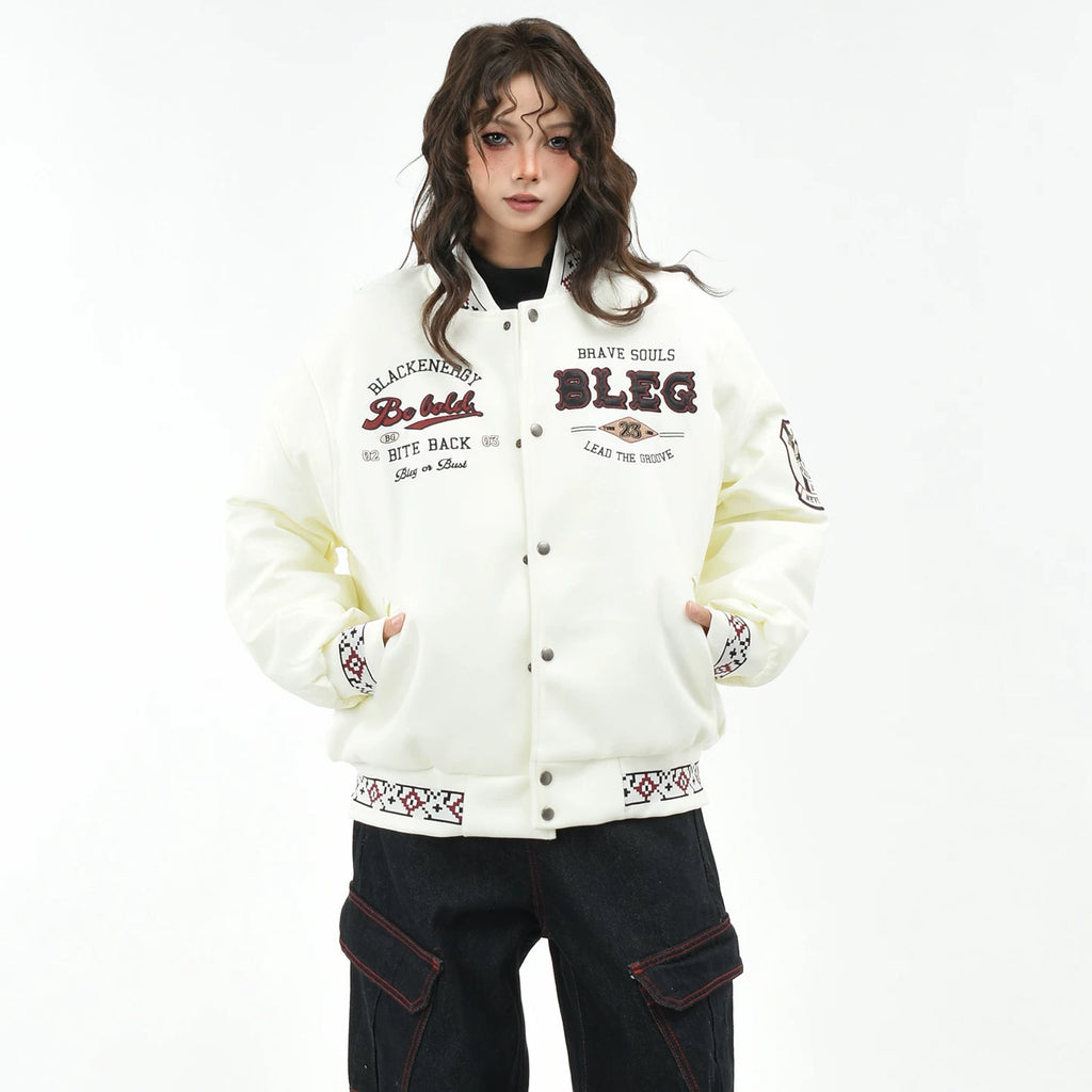 OV original American retro embroidered baseball jacket with cotton jacket, women's winter loose fitting couple stand up collar cotton jacket, men's cotton jacket
