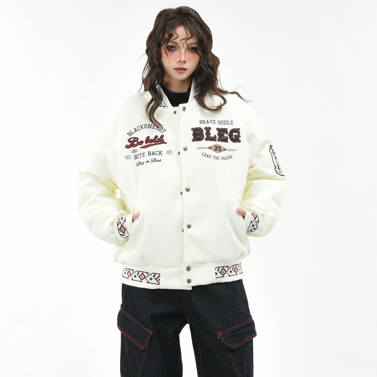 OV original American retro embroidered baseball jacket with cotton jacket, women's winter loose fitting couple stand up collar cotton jacket, men's cotton jacket