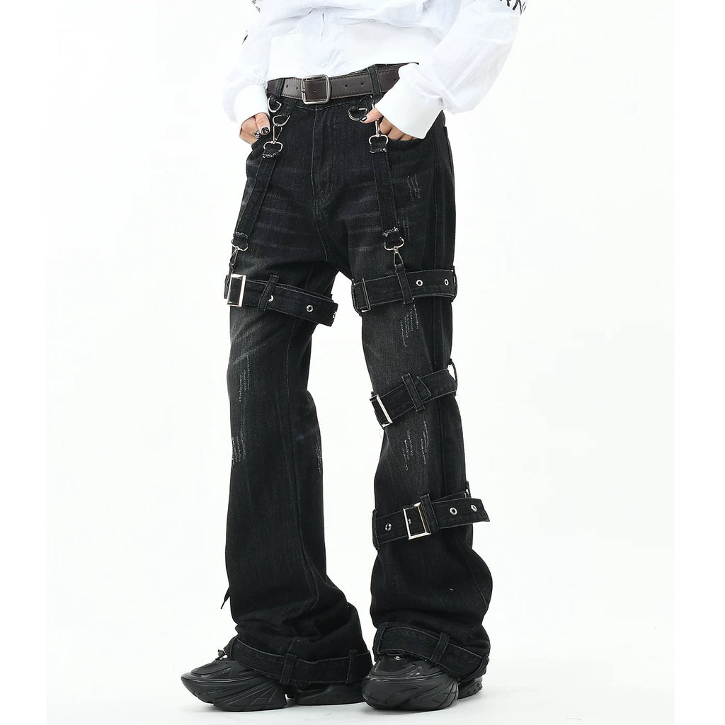 OV Original Punk Abi Style Strap Design Washed Jeans for Men and Women, Slim Fit, Micro Horn, Show Thin and Long Pants, Trendy