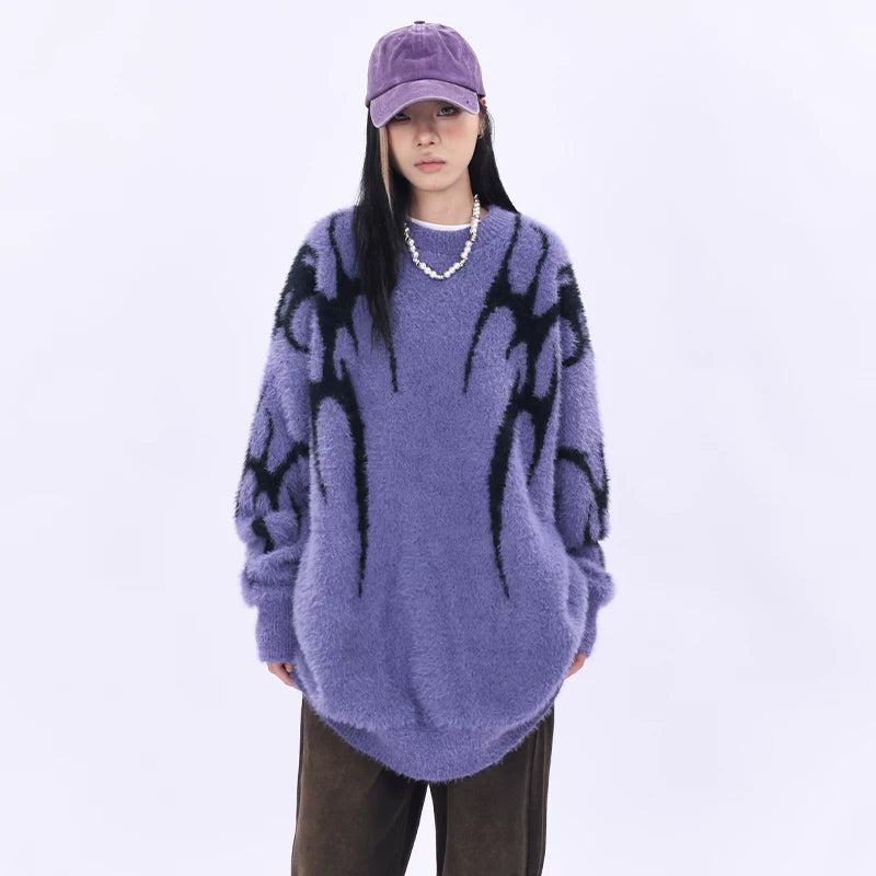 OV original autumn and winter high street retro jacquard design round neck sweater for men and women loose mohair lazy knit sweater trend