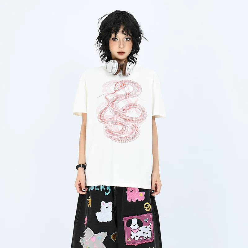 OV Original/Summer China-Chic Year of the Snake Limited 3D Printed Short Sleeve T-shirt Boy and Girl's box shaped Straight Shoulder Slim Top