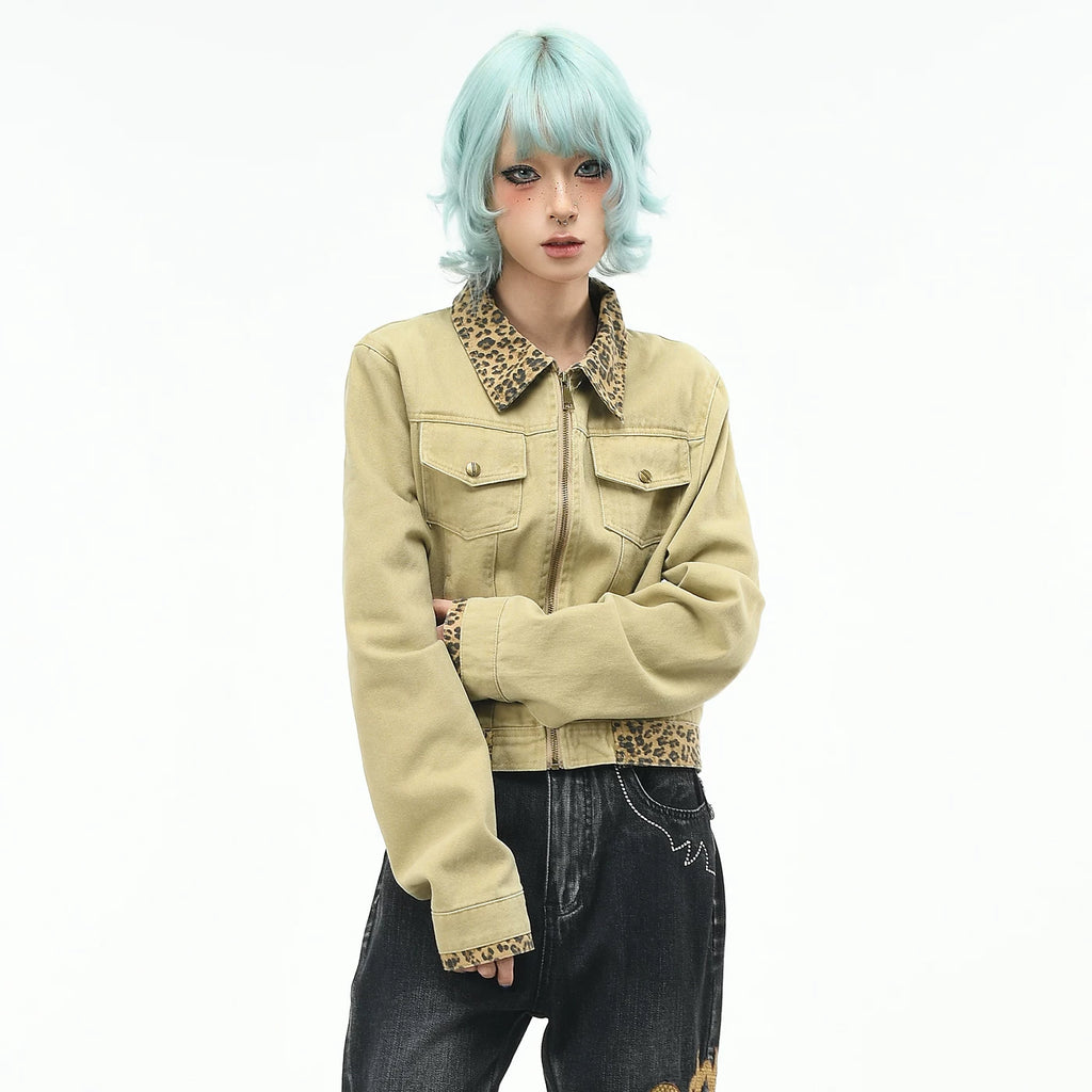 OV original American leopard print patchwork multi pocket workwear jacket for women's autumn fashion brand short retro lapel jacket trend